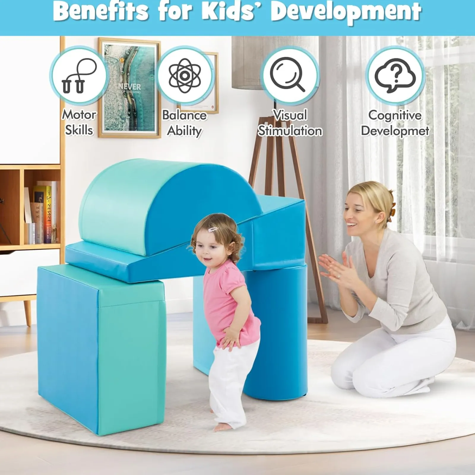 Kinder Little Helper Montessori-Spielgeräte | 5-teiliges Pikler-Spielset aus Schaumstoff | Softplay-Rutsche und -Brücke | Blues-Set | 1–3 Jahre