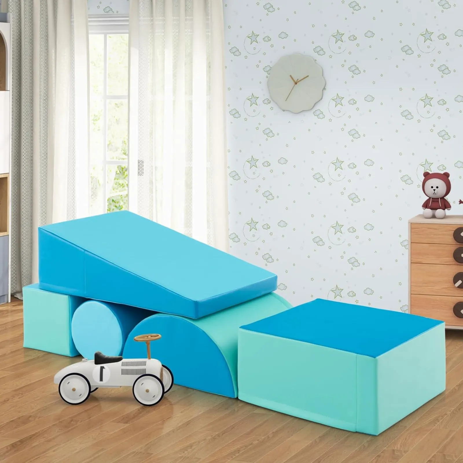 Kinder Little Helper Montessori-Spielgeräte | 5-teiliges Pikler-Spielset aus Schaumstoff | Softplay-Rutsche und -Brücke | Blues-Set | 1–3 Jahre