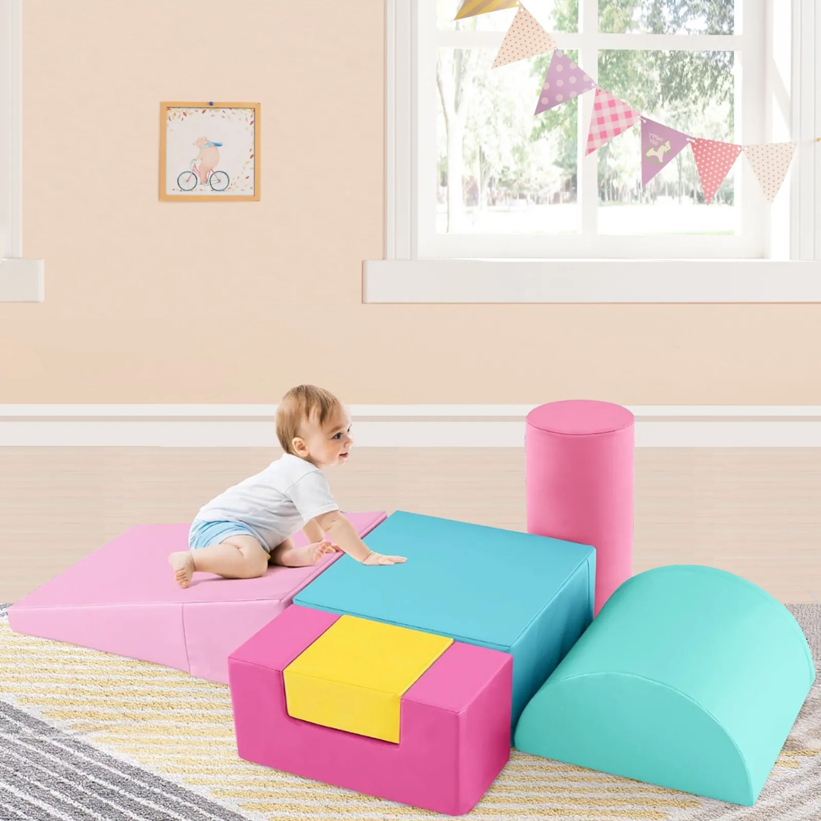 Kinder Little Helper Montessori-Spielgeräte | 6-teiliges Pikler-Spielset aus Schaumstoff | Softplay-Rutsche und -Brücke | Pastell-Macaron-Set | 1–3 Jahre