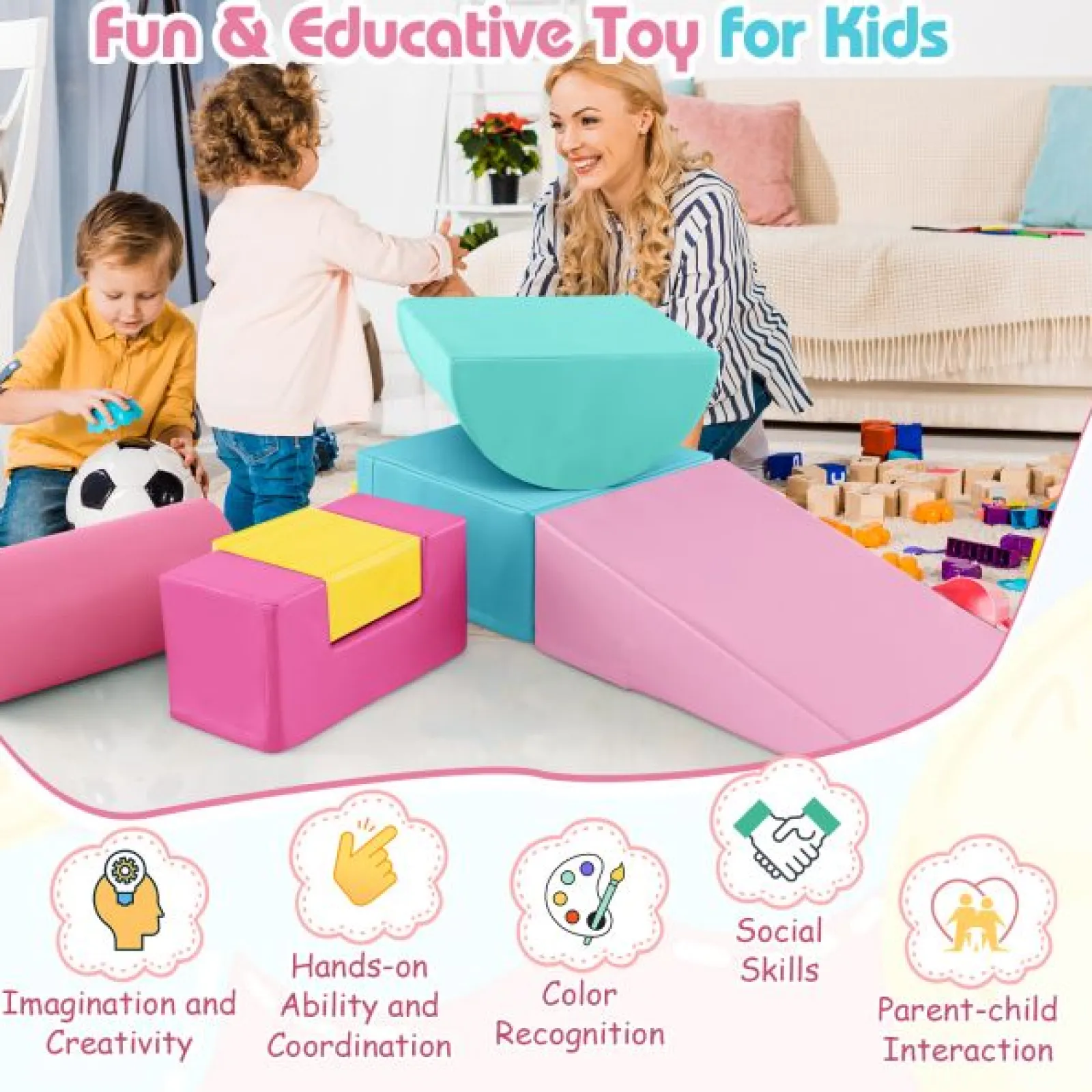 Kinder Little Helper Montessori-Spielgeräte | 6-teiliges Pikler-Spielset aus Schaumstoff | Softplay-Rutsche und -Brücke | Pastell-Macaron-Set | 1–3 Jahre