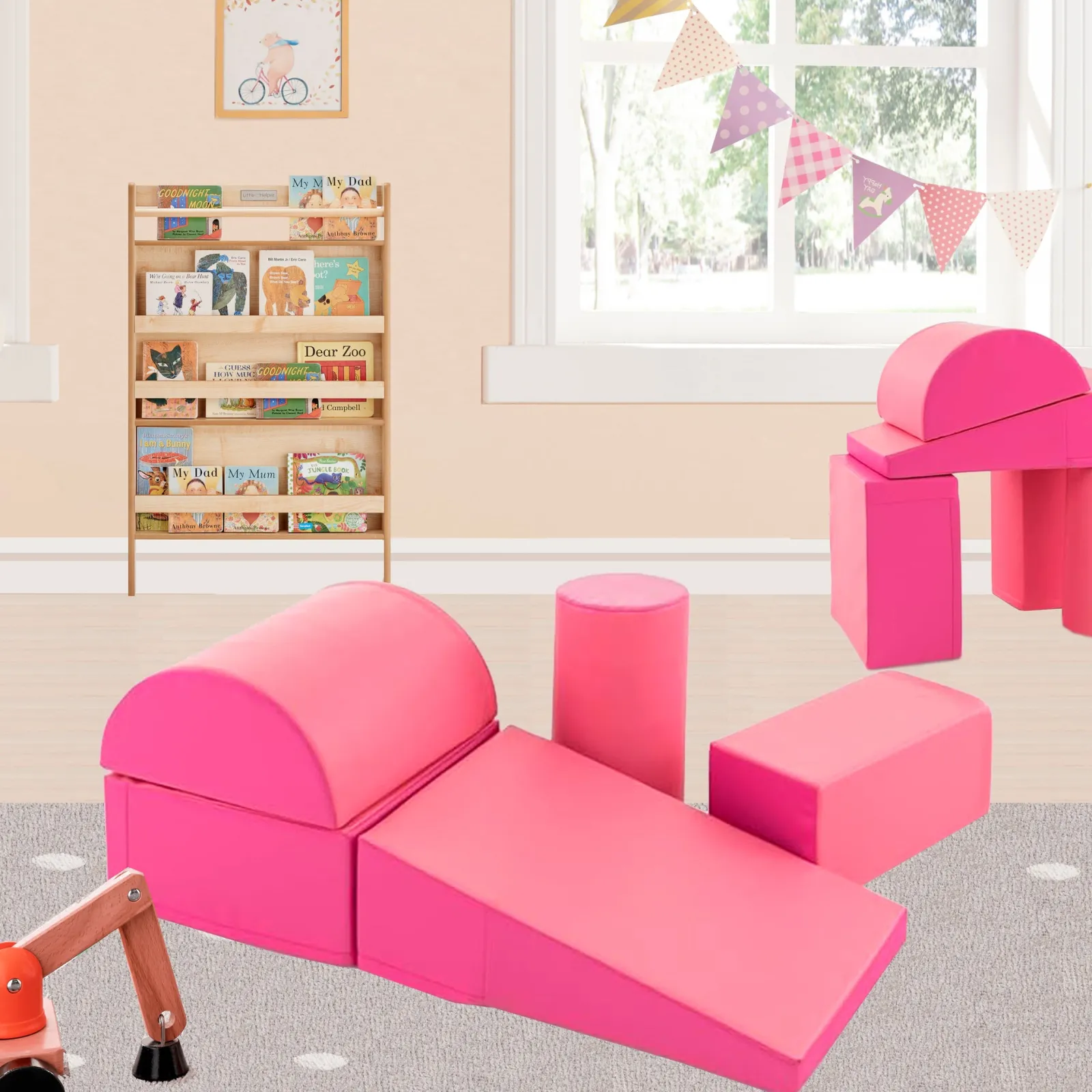 Kinder Little Helper Montessori-Spielgeräte | 5-teiliges Pikler-Spielset aus Schaumstoff | Weiche Rutsche und Brücke | Pink | 1–3 Jahre