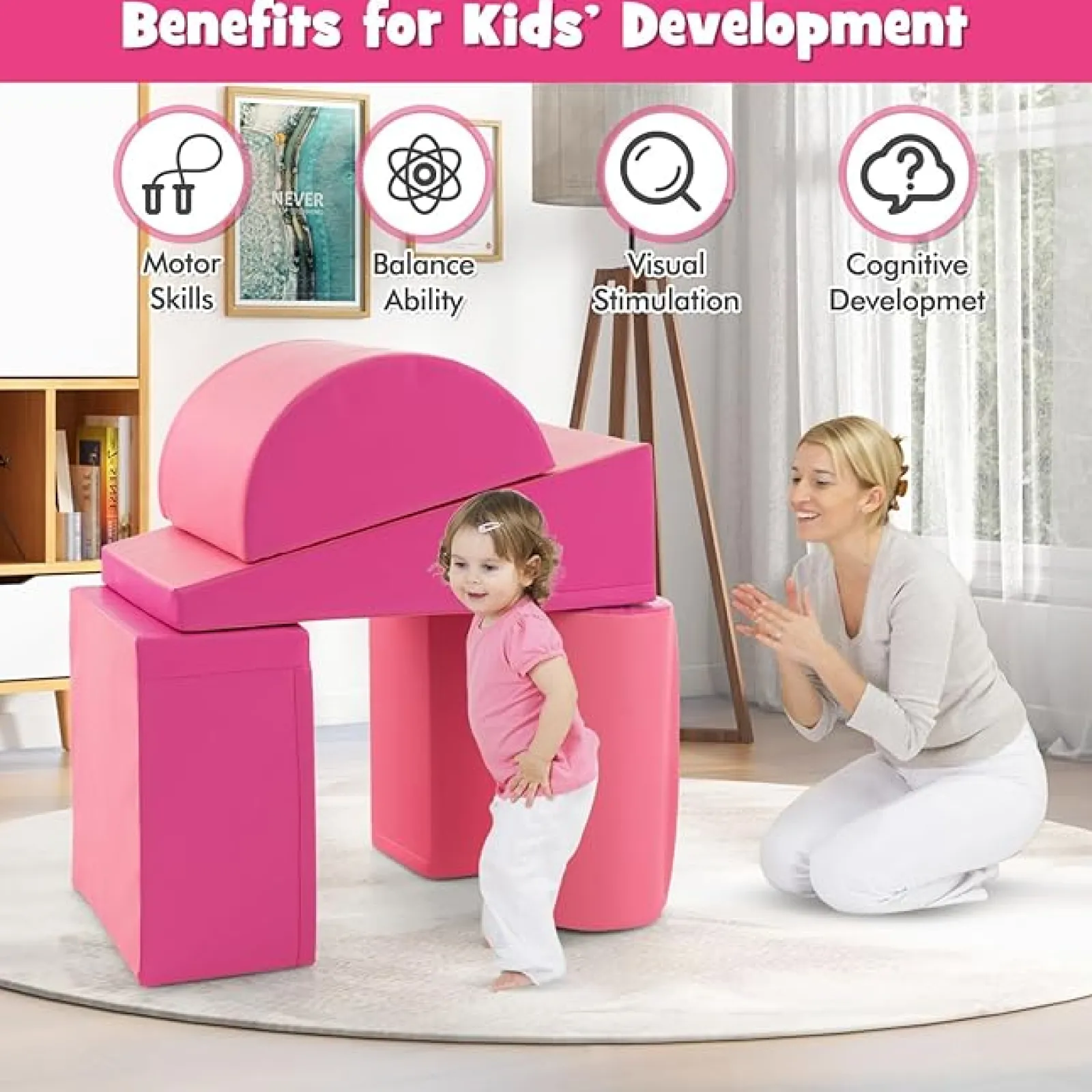 Kinder Little Helper Montessori-Spielgeräte | 5-teiliges Pikler-Spielset aus Schaumstoff | Weiche Rutsche und Brücke | Pink | 1–3 Jahre