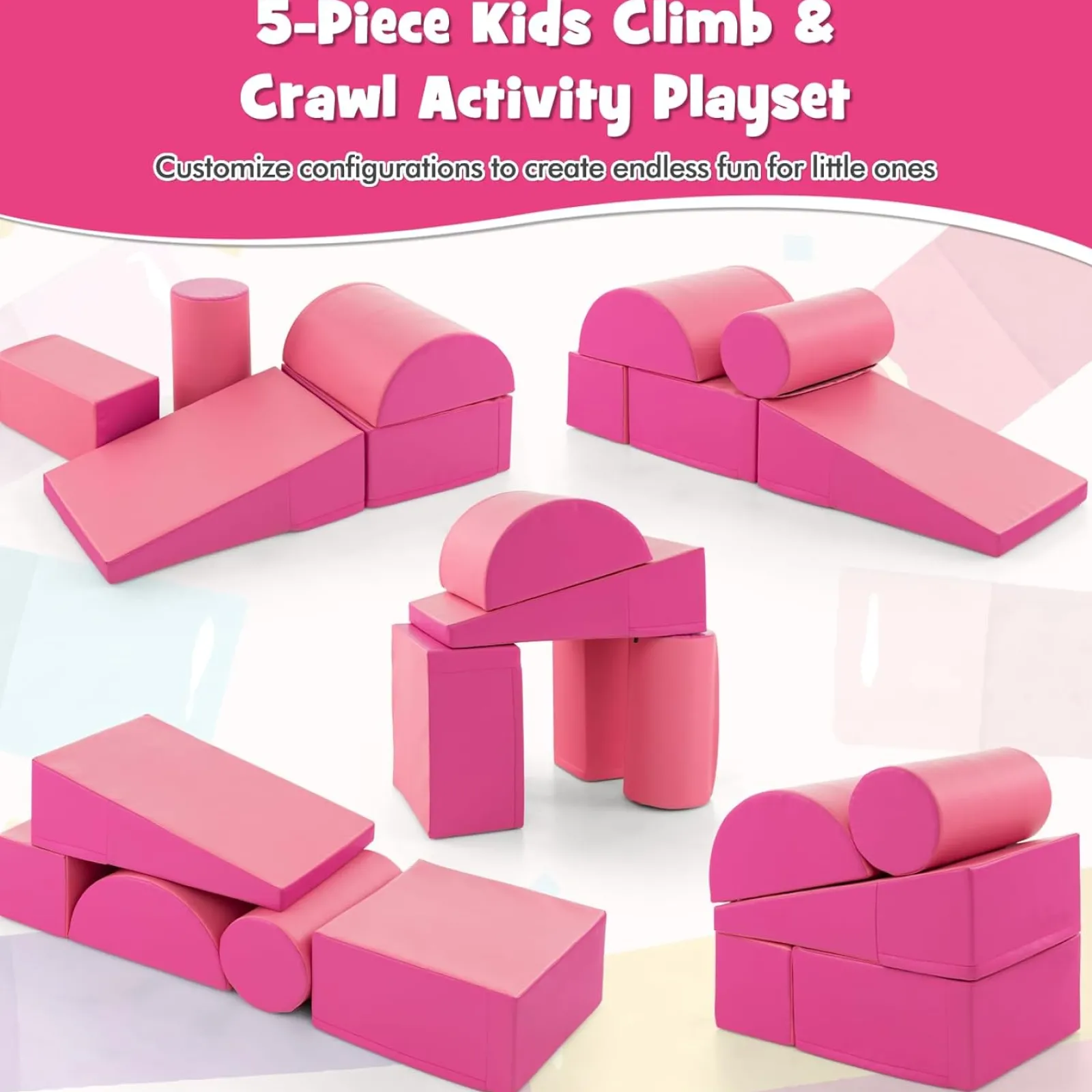 Kinder Little Helper Montessori-Spielgeräte | 5-teiliges Pikler-Spielset aus Schaumstoff | Weiche Rutsche und Brücke | Pink | 1–3 Jahre