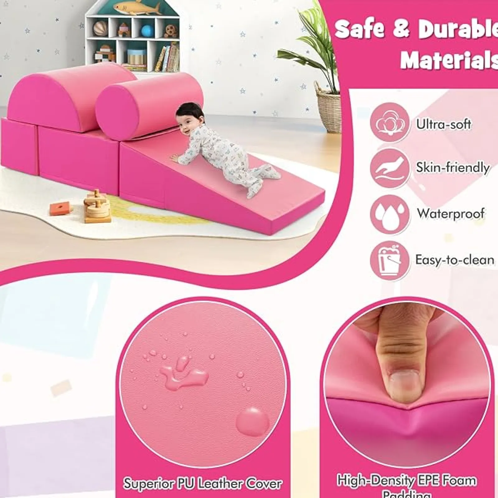 Kinder Little Helper Montessori-Spielgeräte | 5-teiliges Pikler-Spielset aus Schaumstoff | Weiche Rutsche und Brücke | Pink | 1–3 Jahre