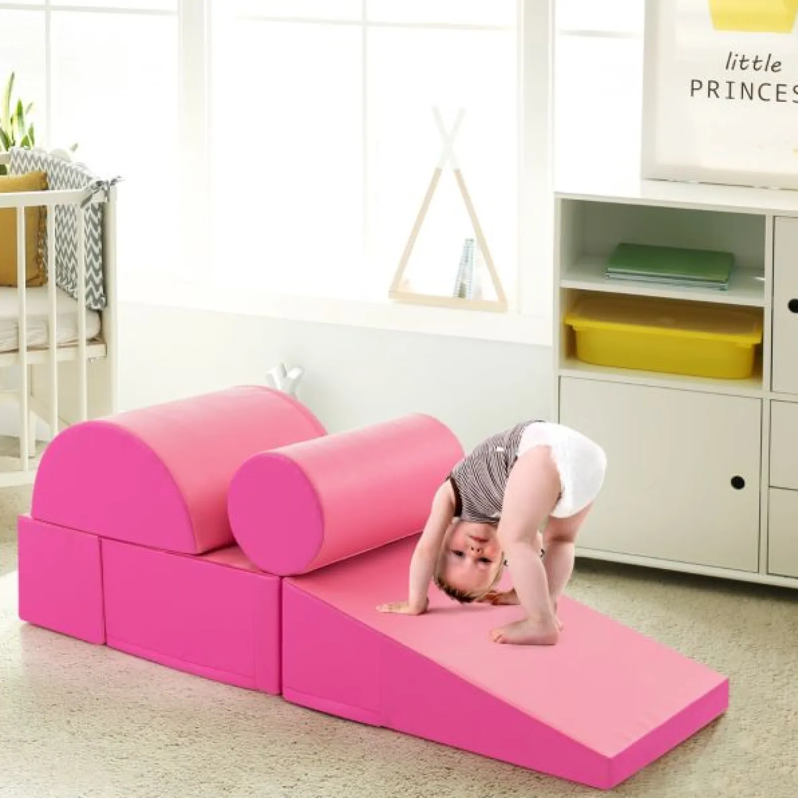 Kinder Little Helper Montessori-Spielgeräte | 5-teiliges Pikler-Spielset aus Schaumstoff | Weiche Rutsche und Brücke | Pink | 1–3 Jahre