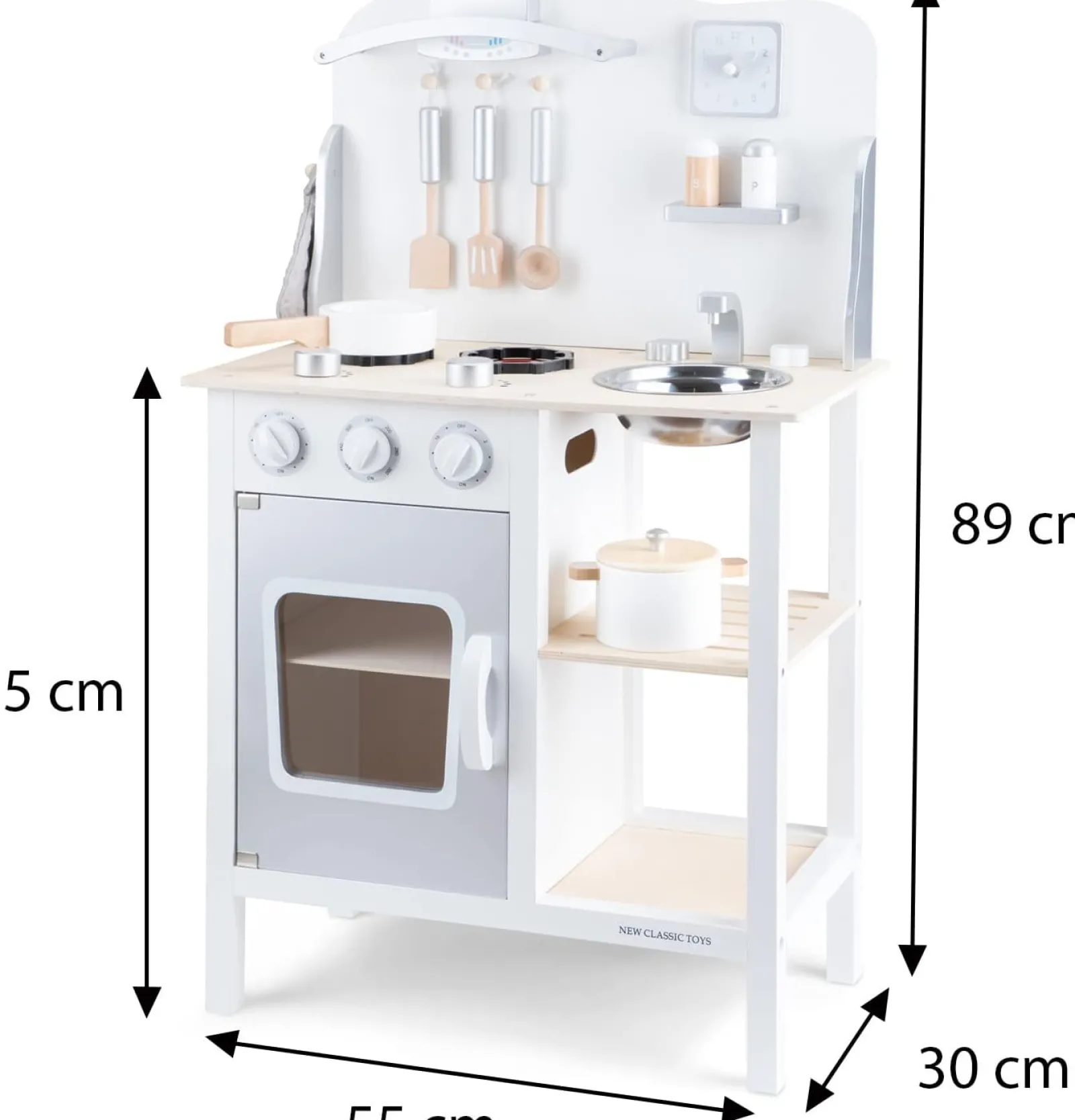 Little Helper Montessori-Spielküche aus Holz mit realistischem Zubehör und Tafel | Natur & Weiß