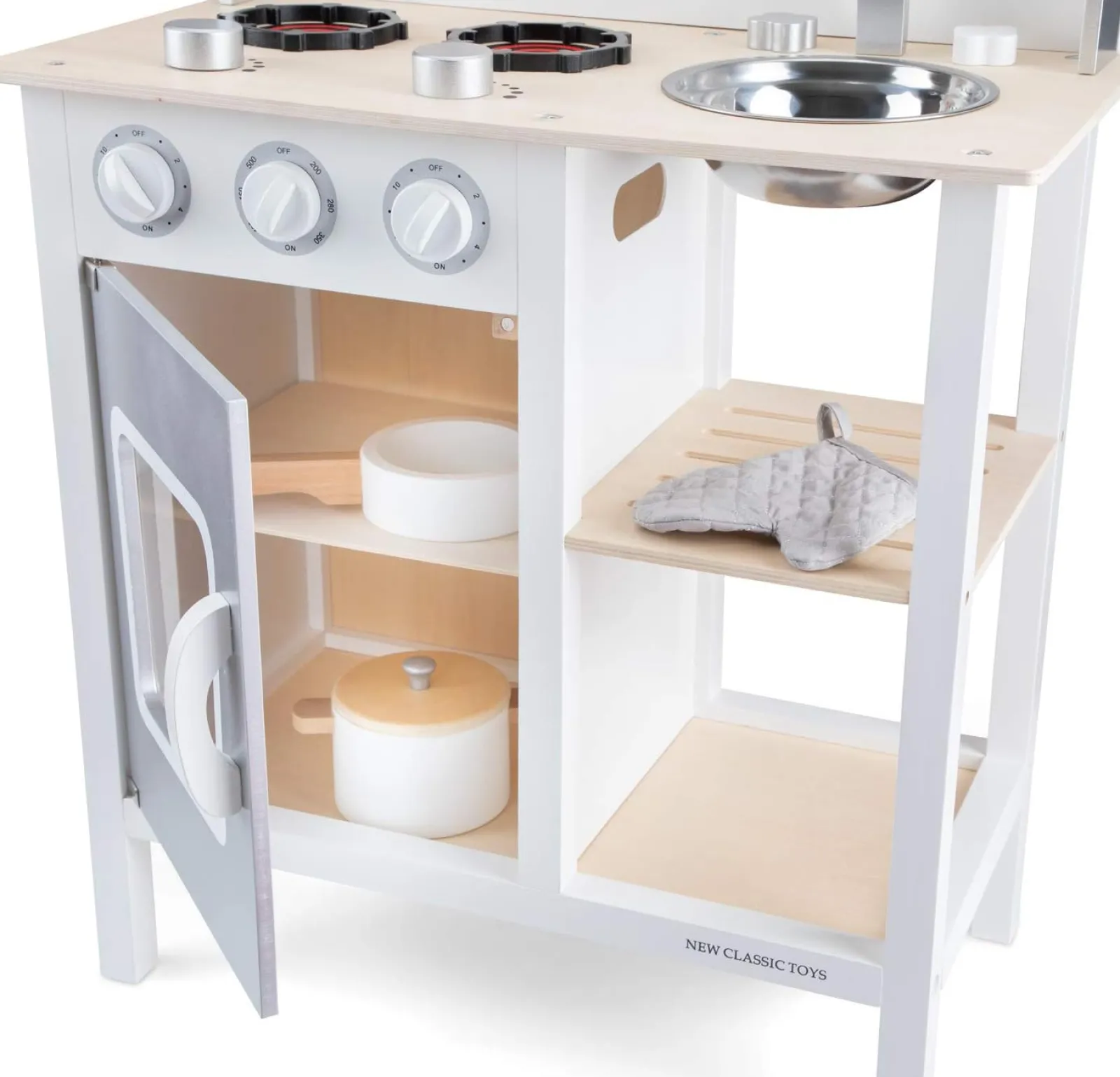 Little Helper Montessori-Spielküche aus Holz mit realistischem Zubehör und Tafel | Natur & Weiß