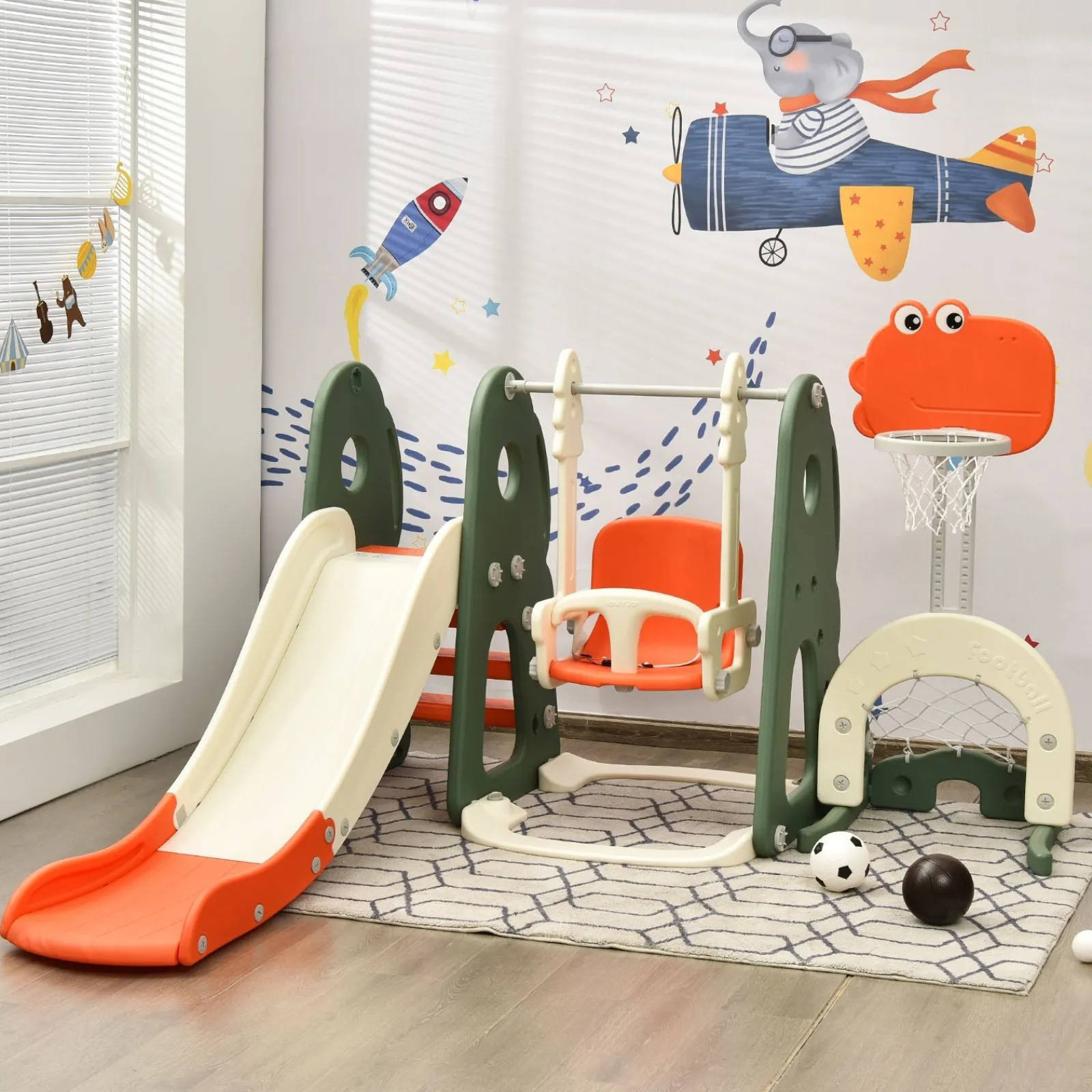Little Helper Montessori-Spielschaukel- und Rutschenset für Kinder | Basketball | Innen-Außen | 3 Farben | 18m+
