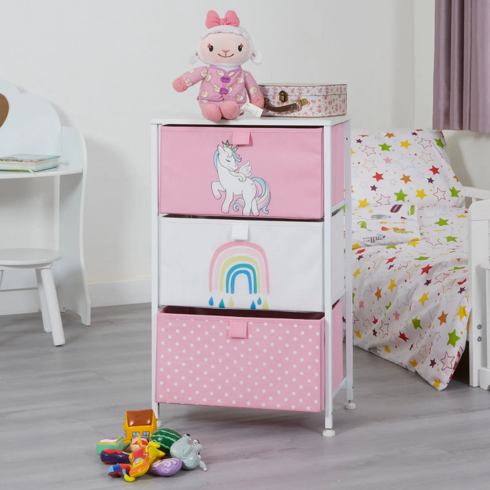 Kinder Little Helper Montessori-Spielzeugaufbewahrung mit Einhorn-Motiv und Schubladen | Nachttisch für Kinder | 73 x 45 x 30 cm