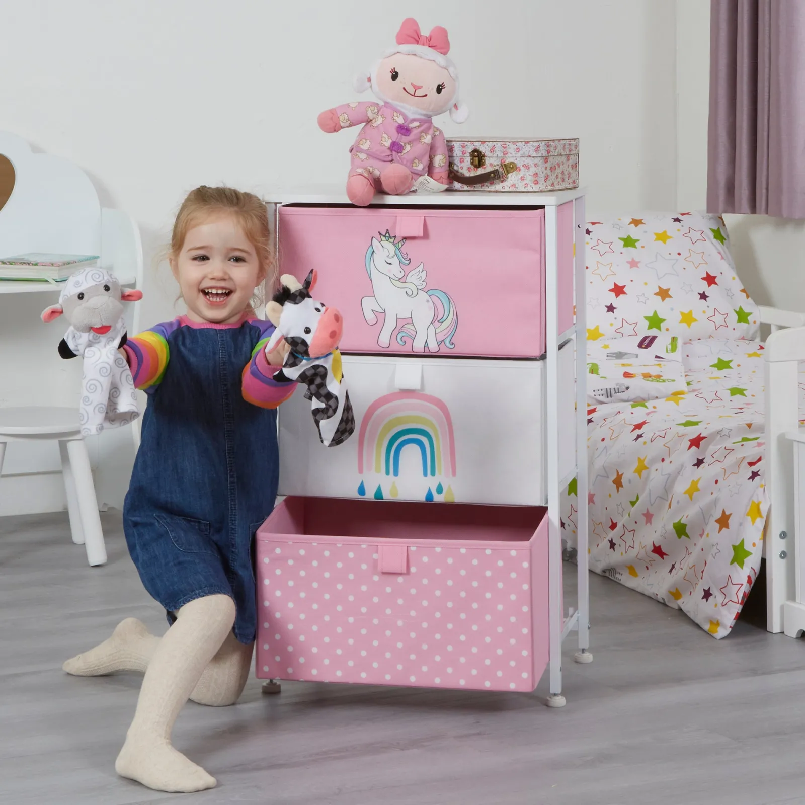 Kinder Little Helper Montessori-Spielzeugaufbewahrung mit Einhorn-Motiv und Schubladen | Nachttisch für Kinder | 73 x 45 x 30 cm