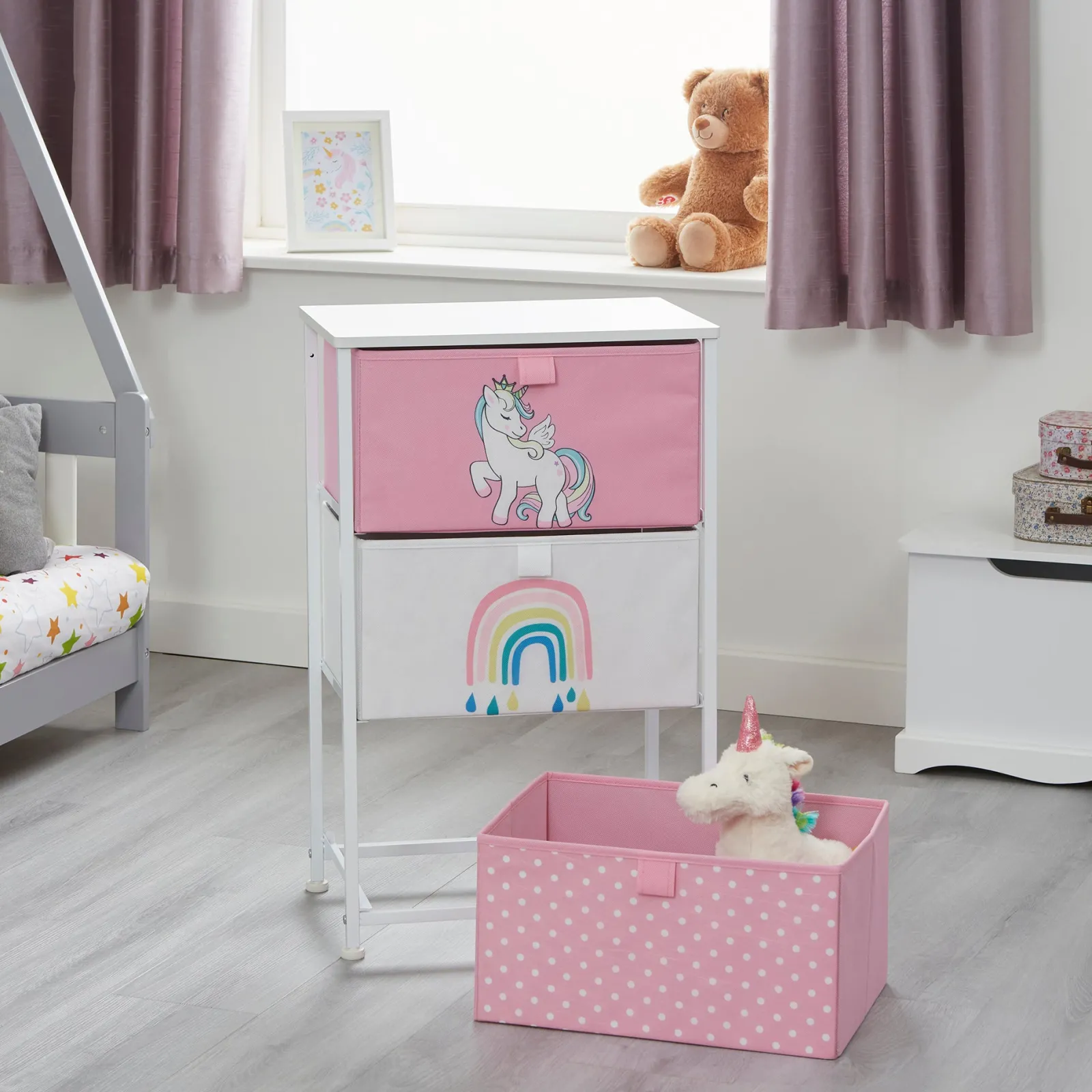 Kinder Little Helper Montessori-Spielzeugaufbewahrung mit Einhorn-Motiv und Schubladen | Nachttisch für Kinder | 73 x 45 x 30 cm