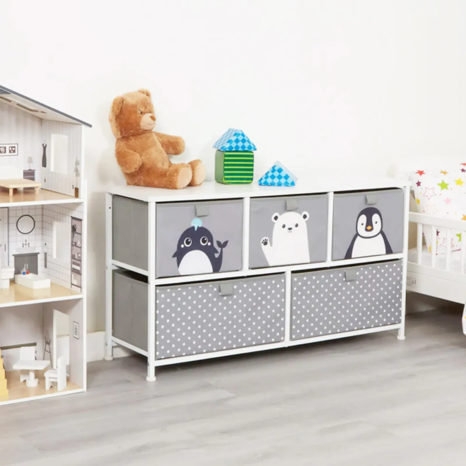 Kinder Little Helper Montessori-Spielzeugaufbewahrung mit großen Schubladen | Kinderspielzeugkiste | Sitzbank | Pinguin, Wal und Eisbär | Grau