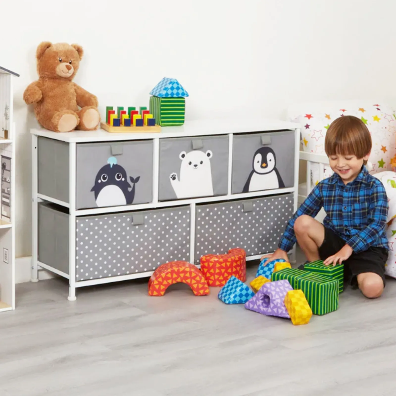 Kinder Little Helper Montessori-Spielzeugaufbewahrung mit großen Schubladen | Kinderspielzeugkiste | Sitzbank | Pinguin, Wal und Eisbär | Grau