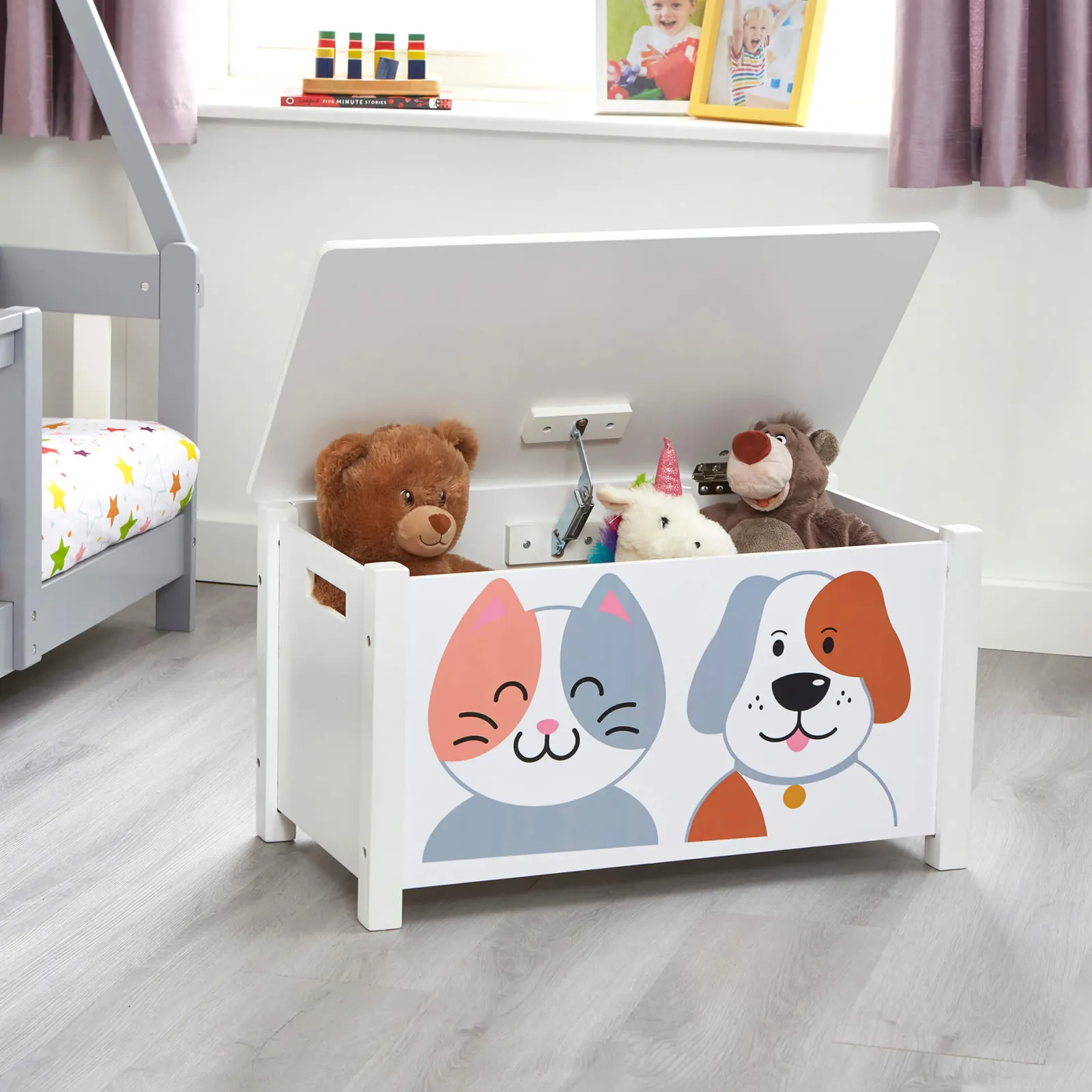 Kinder Little Helper Montessori-Spielzeugkiste und Sitz für Kinder mit Scharnier mit langsamer Entriegelung | Ottomane | Deckenbox | Katzen- und Hundedesign