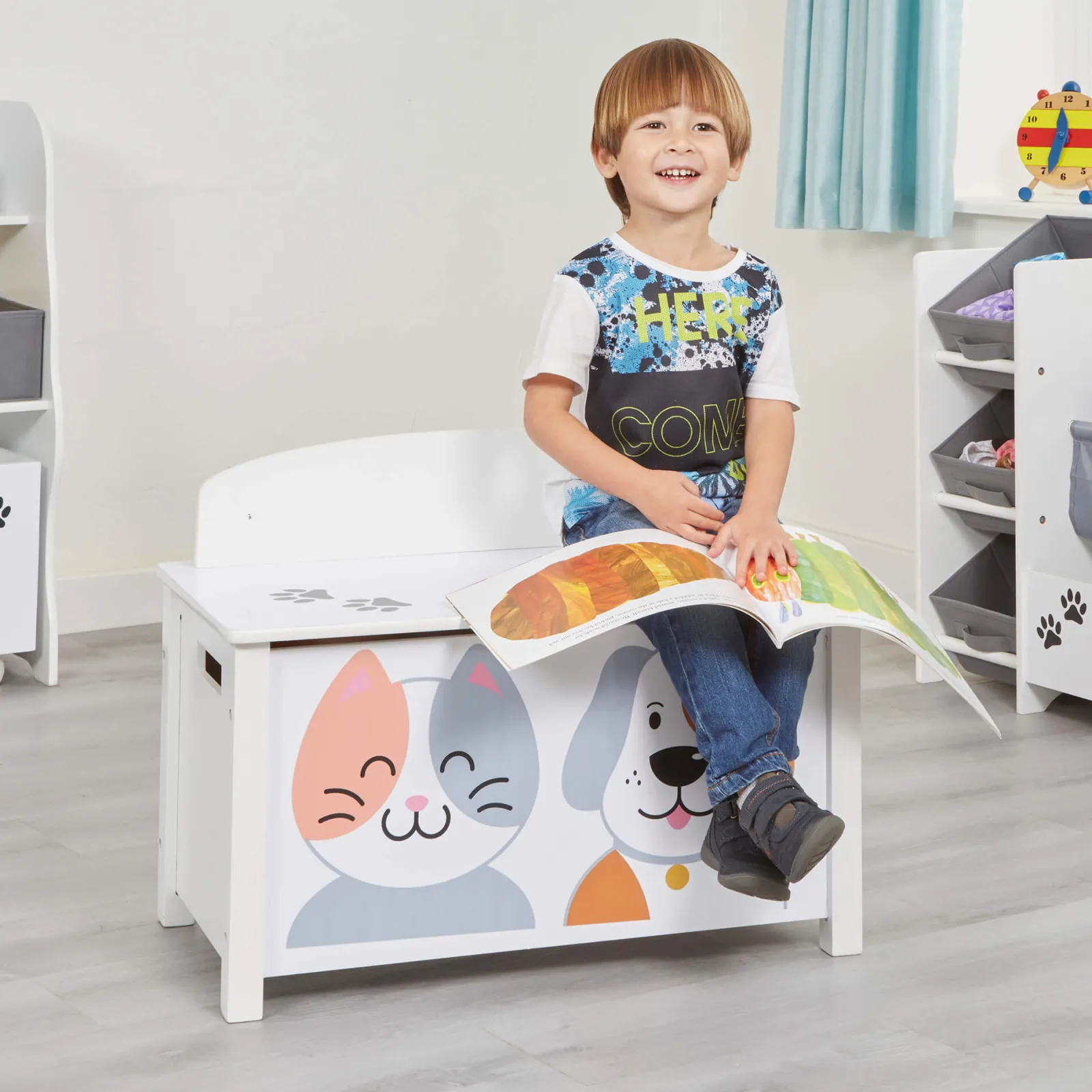 Kinder Little Helper Montessori-Spielzeugkiste und Sitz für Kinder mit Scharnier mit langsamer Entriegelung | Ottomane | Deckenbox | Katzen- und Hundedesign