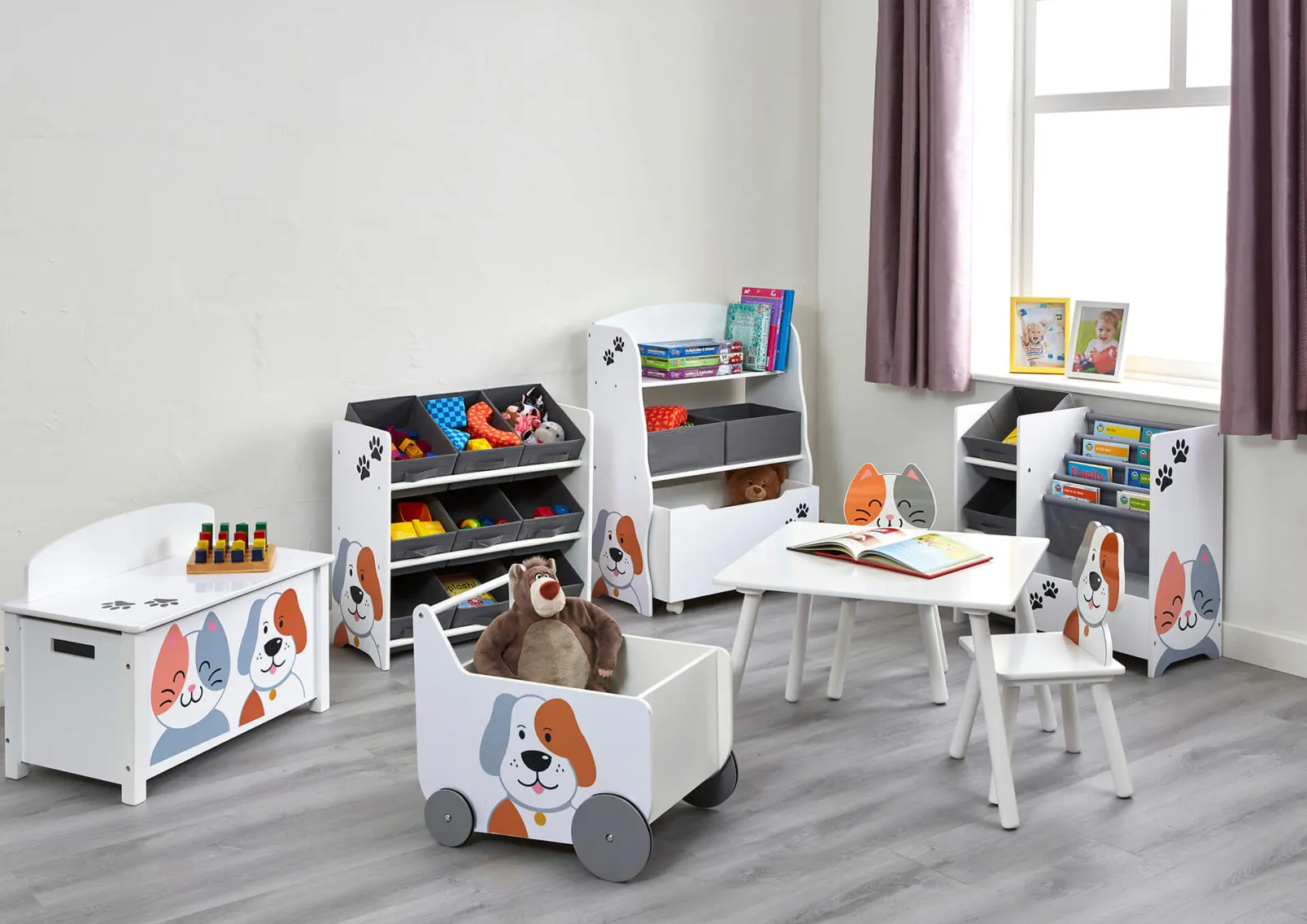 Kinder Little Helper Montessori-Spielzeugkiste und Sitz für Kinder mit Scharnier mit langsamer Entriegelung | Ottomane | Deckenbox | Katzen- und Hundedesign