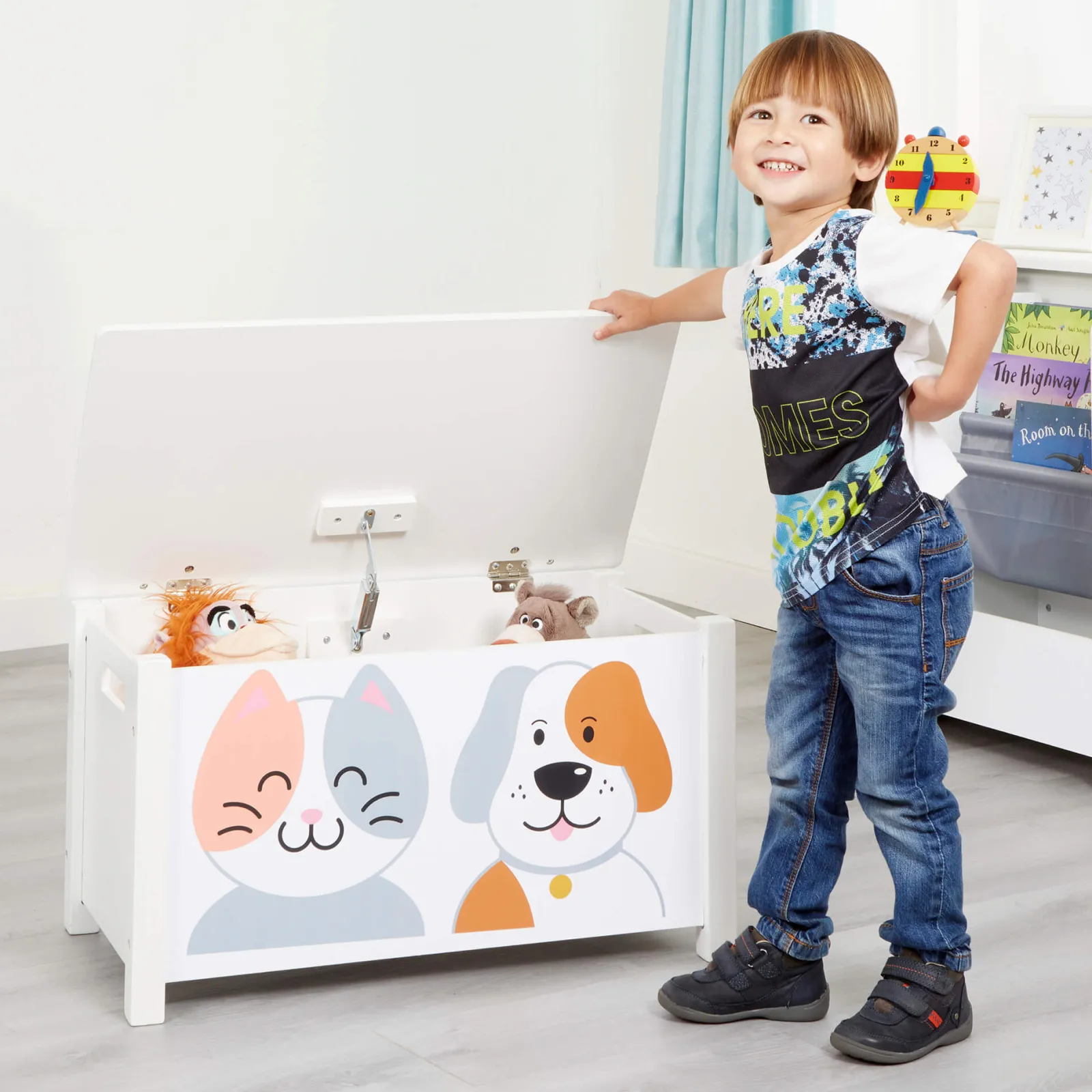 Kinder Little Helper Montessori-Spielzeugkiste und Sitz für Kinder mit Scharnier mit langsamer Entriegelung | Ottomane | Deckenbox | Katzen- und Hundedesign