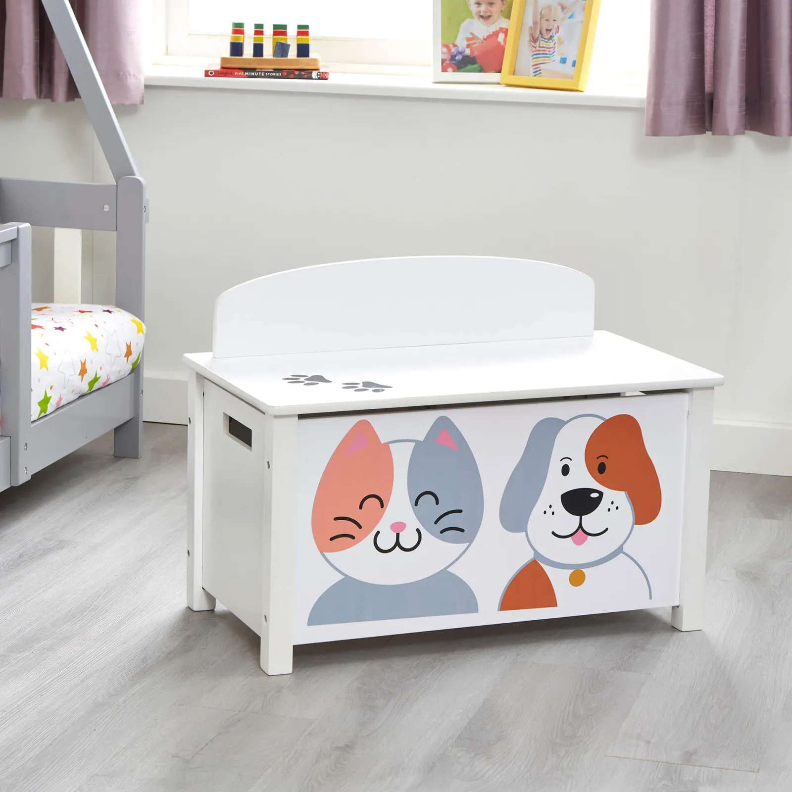Kinder Little Helper Montessori-Spielzeugkiste und Sitz für Kinder mit Scharnier mit langsamer Entriegelung | Ottomane | Deckenbox | Katzen- und Hundedesign