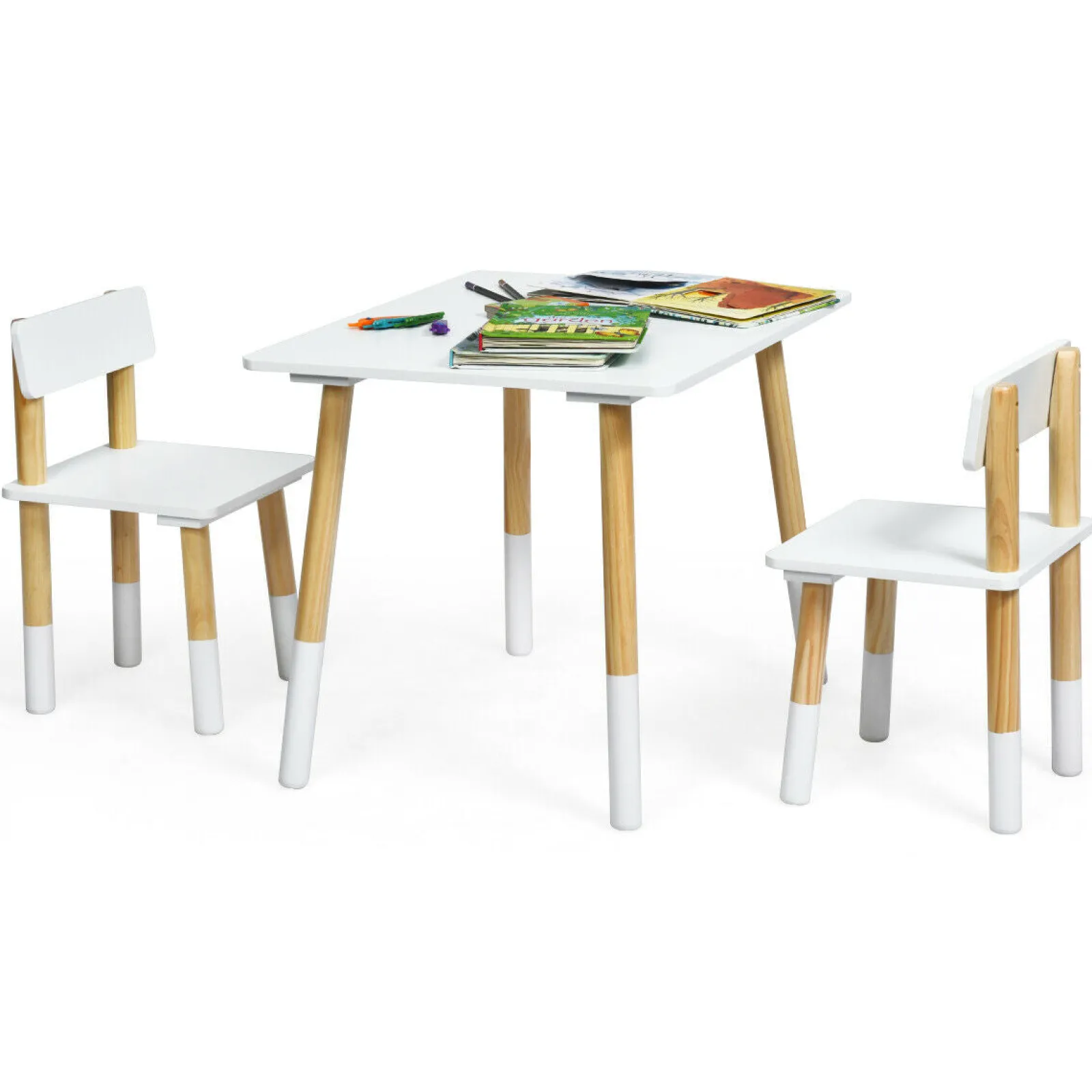 Kinder Little Helper Montessori-Tisch aus Öko-Kiefernholz für Kinder und 2 ergonomische Stühle | Weiß und Kiefer | Ab 3 Jahren