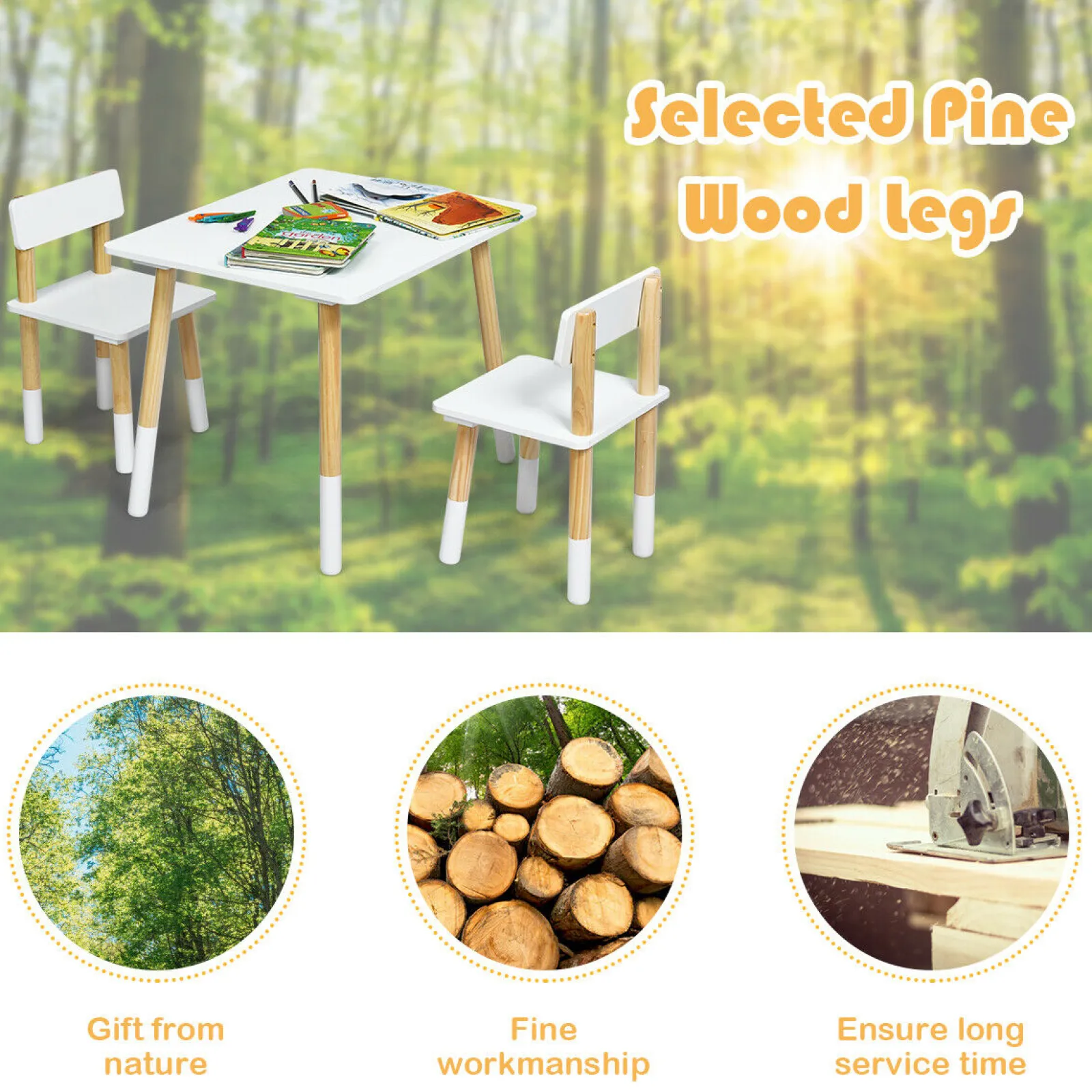 Kinder Little Helper Montessori-Tisch aus Öko-Kiefernholz für Kinder und 2 ergonomische Stühle | Weiß und Kiefer | Ab 3 Jahren