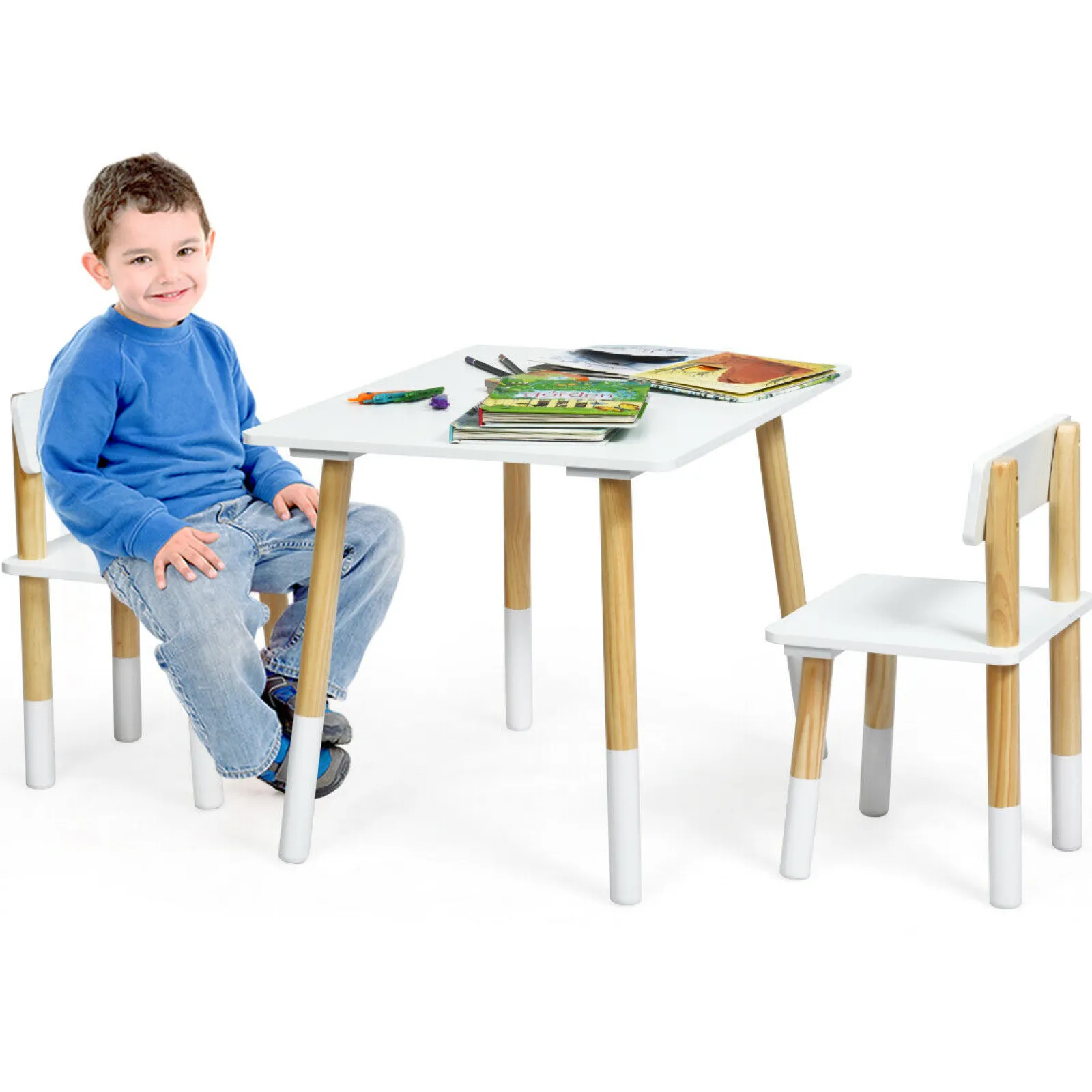 Kinder Little Helper Montessori-Tisch aus Öko-Kiefernholz für Kinder und 2 ergonomische Stühle | Weiß und Kiefer | Ab 3 Jahren