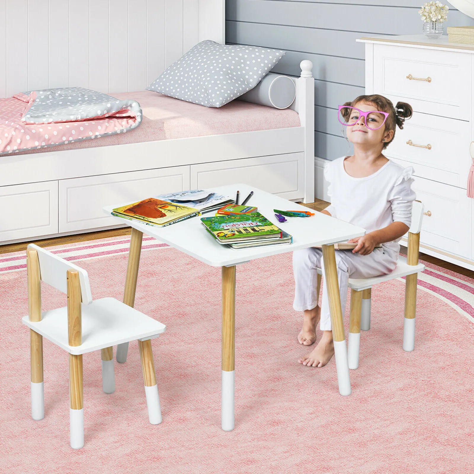 Kinder Little Helper Montessori-Tisch aus Öko-Kiefernholz für Kinder und 2 ergonomische Stühle | Weiß und Kiefer | Ab 3 Jahren