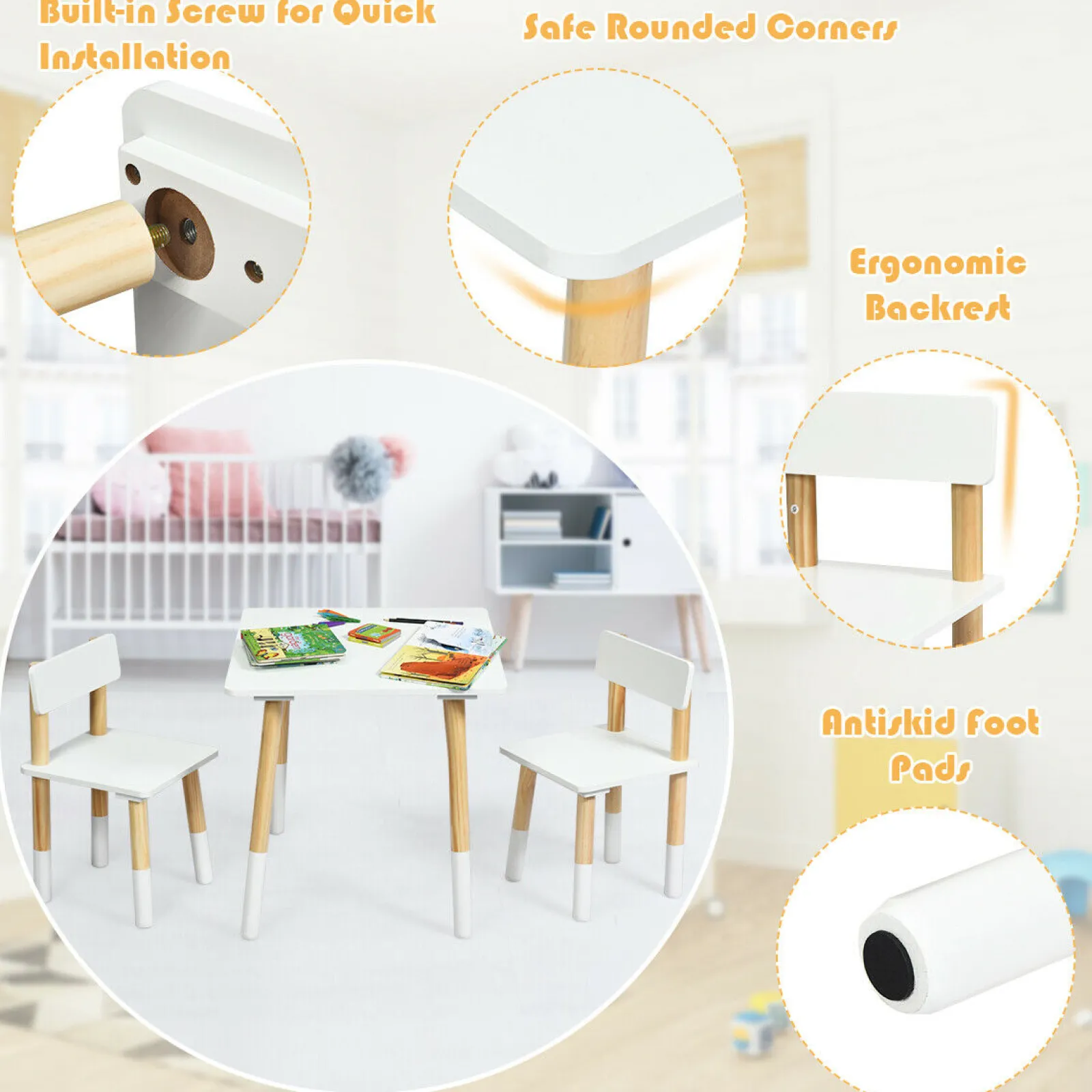 Kinder Little Helper Montessori-Tisch aus Öko-Kiefernholz für Kinder und 2 ergonomische Stühle | Weiß und Kiefer | Ab 3 Jahren
