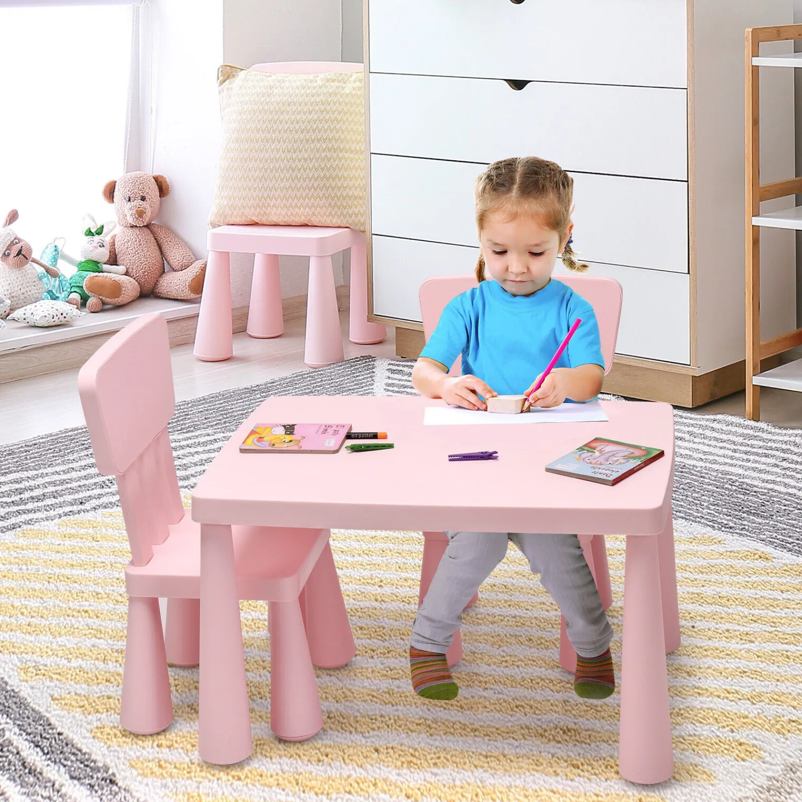 Kinder Little Helper Montessori-Tisch und ergonomische Stühle zum Schutz der Wirbelsäule x 2 | Zartrosa | 1–7 Jahre