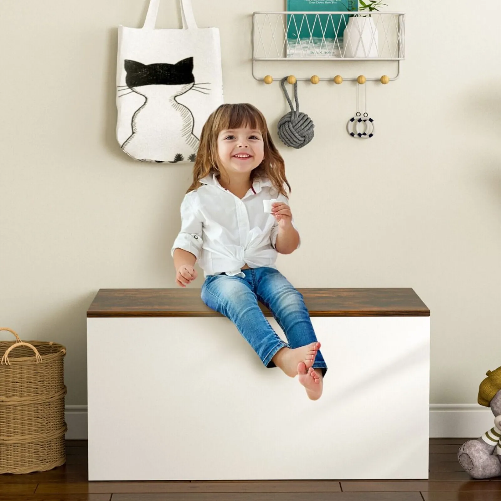 Kinder Little Helper Multifunktionale Holzspielzeugkiste für Kinder | Selbsthaltender Deckel | Aufbewahrungsbox für Kinderspielzeug aus Holz | Weiß