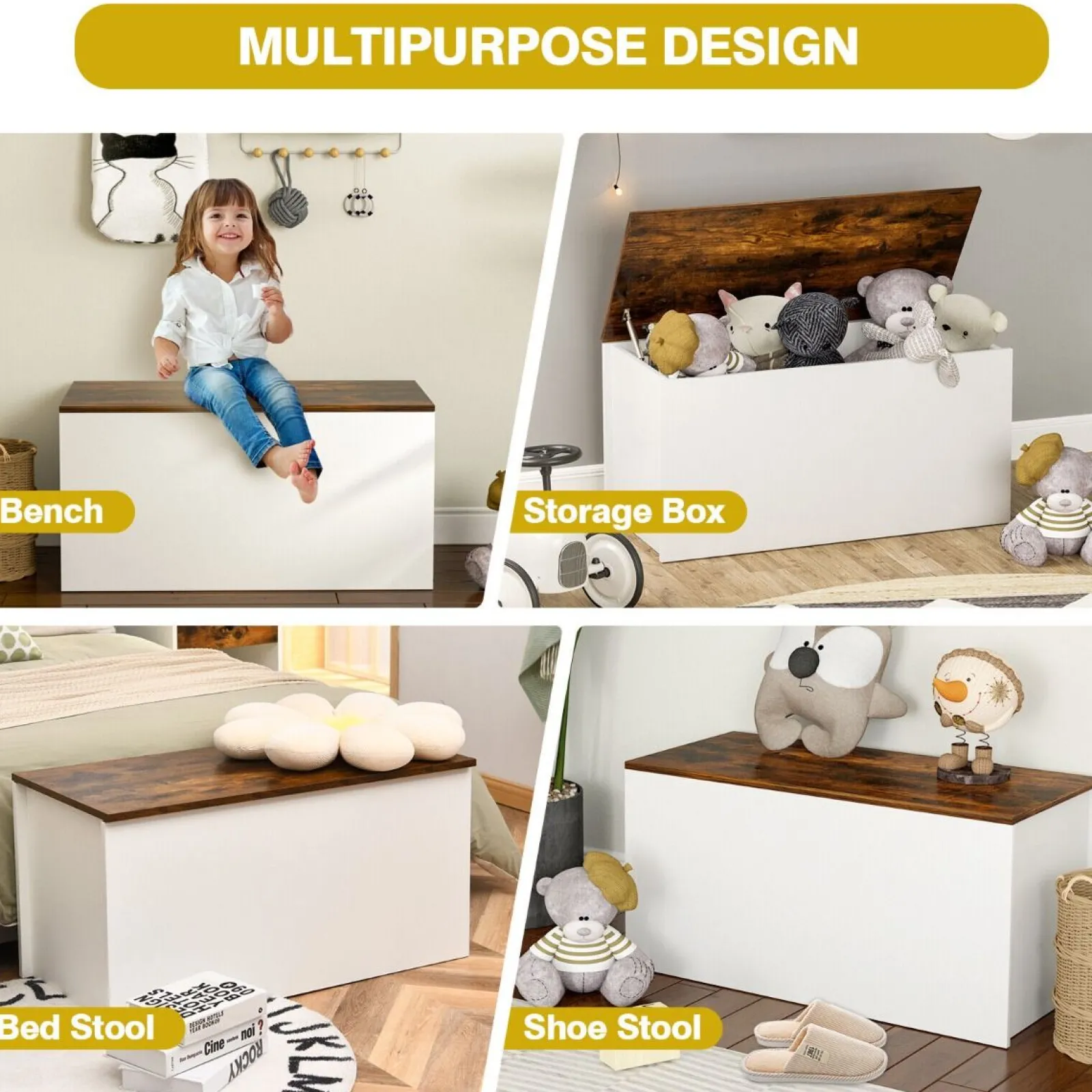 Kinder Little Helper Multifunktionale Holzspielzeugkiste für Kinder | Selbsthaltender Deckel | Aufbewahrungsbox für Kinderspielzeug aus Holz | Weiß