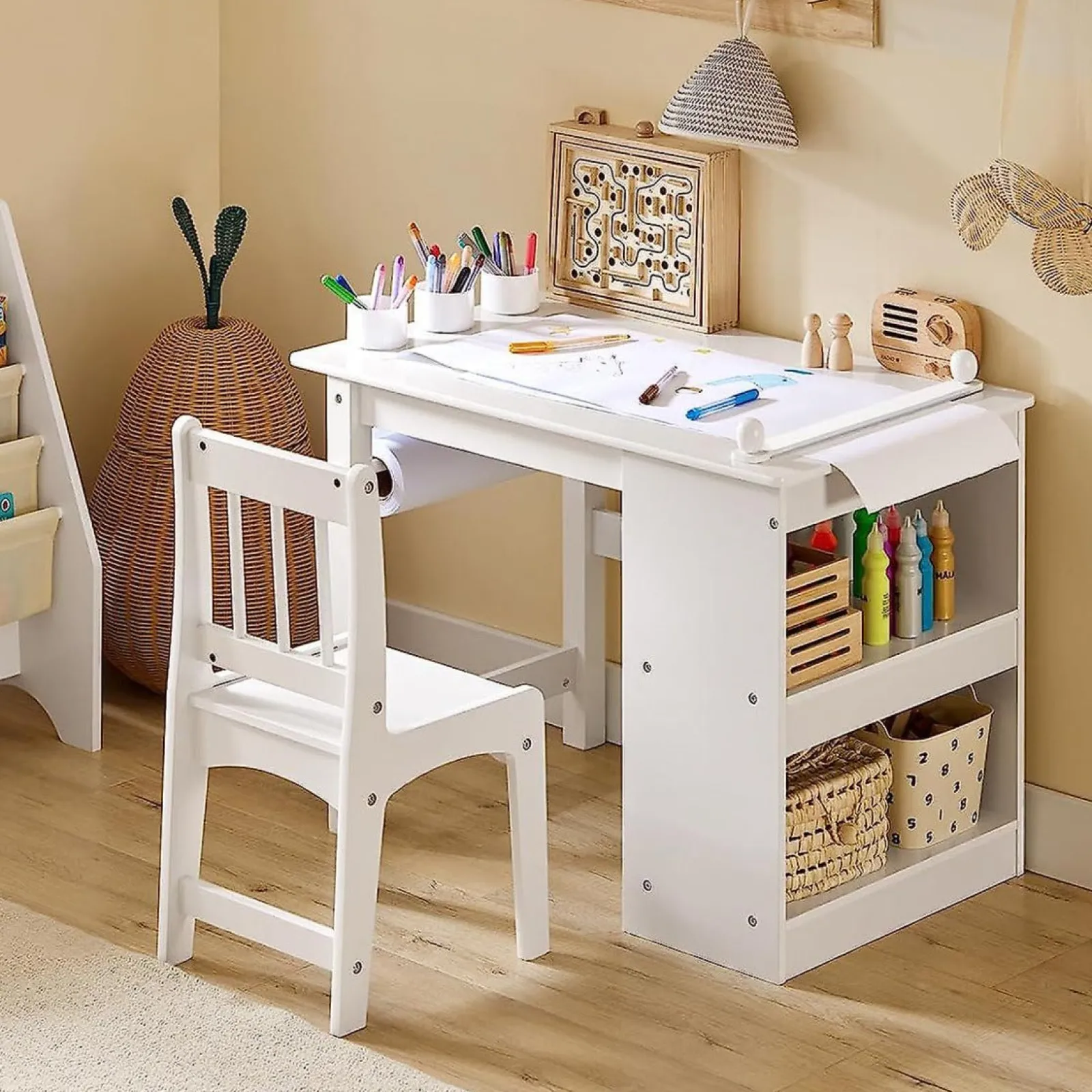 Kinder Little Helper Platzsparender Montessori-Hausaufgabentisch für Kinder | Papierrolle | Aufbewahrung | Weiß | Ergonomischer Stuhl | 5–12 Jahre