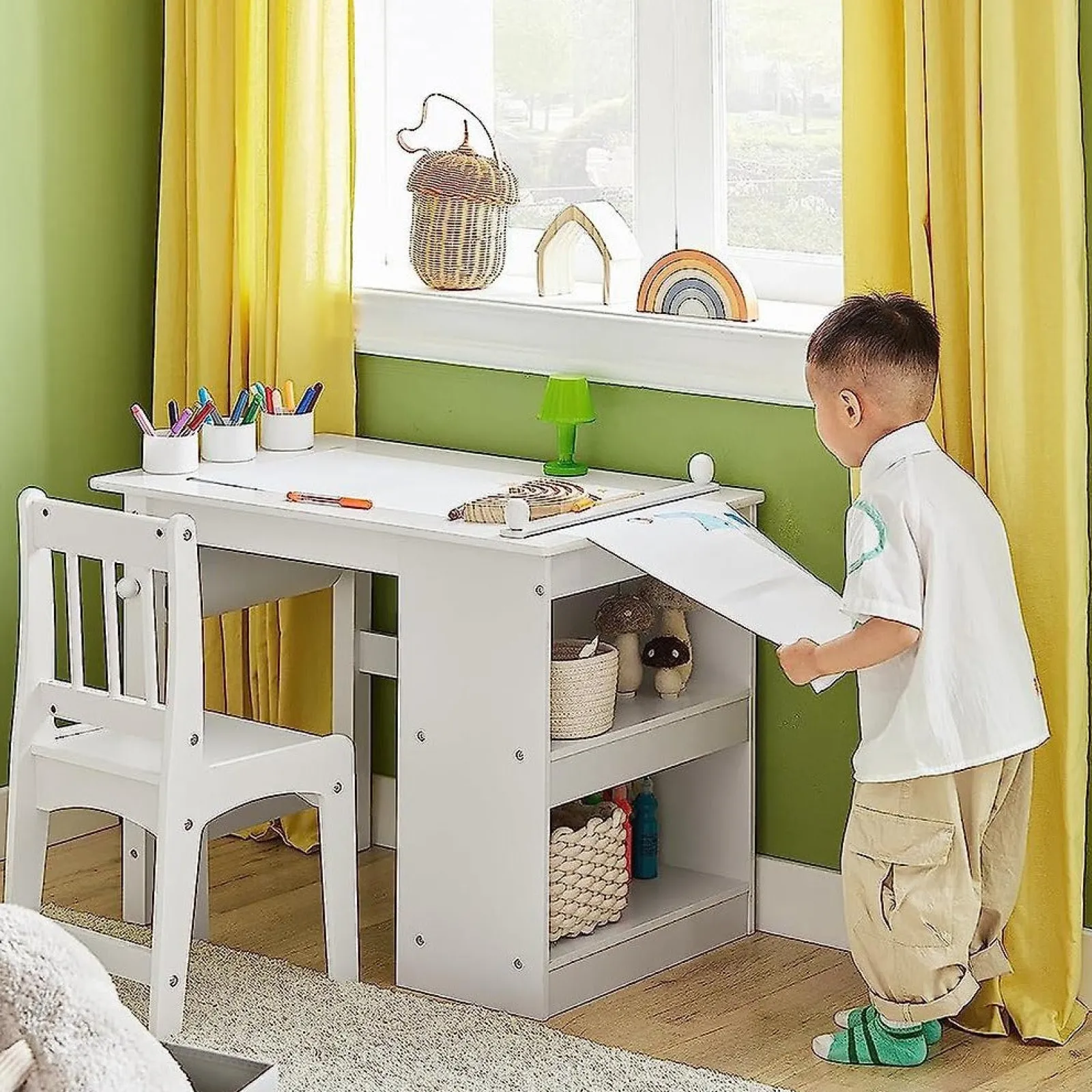 Kinder Little Helper Platzsparender Montessori-Hausaufgabentisch für Kinder | Papierrolle | Aufbewahrung | Weiß | Ergonomischer Stuhl | 5–12 Jahre