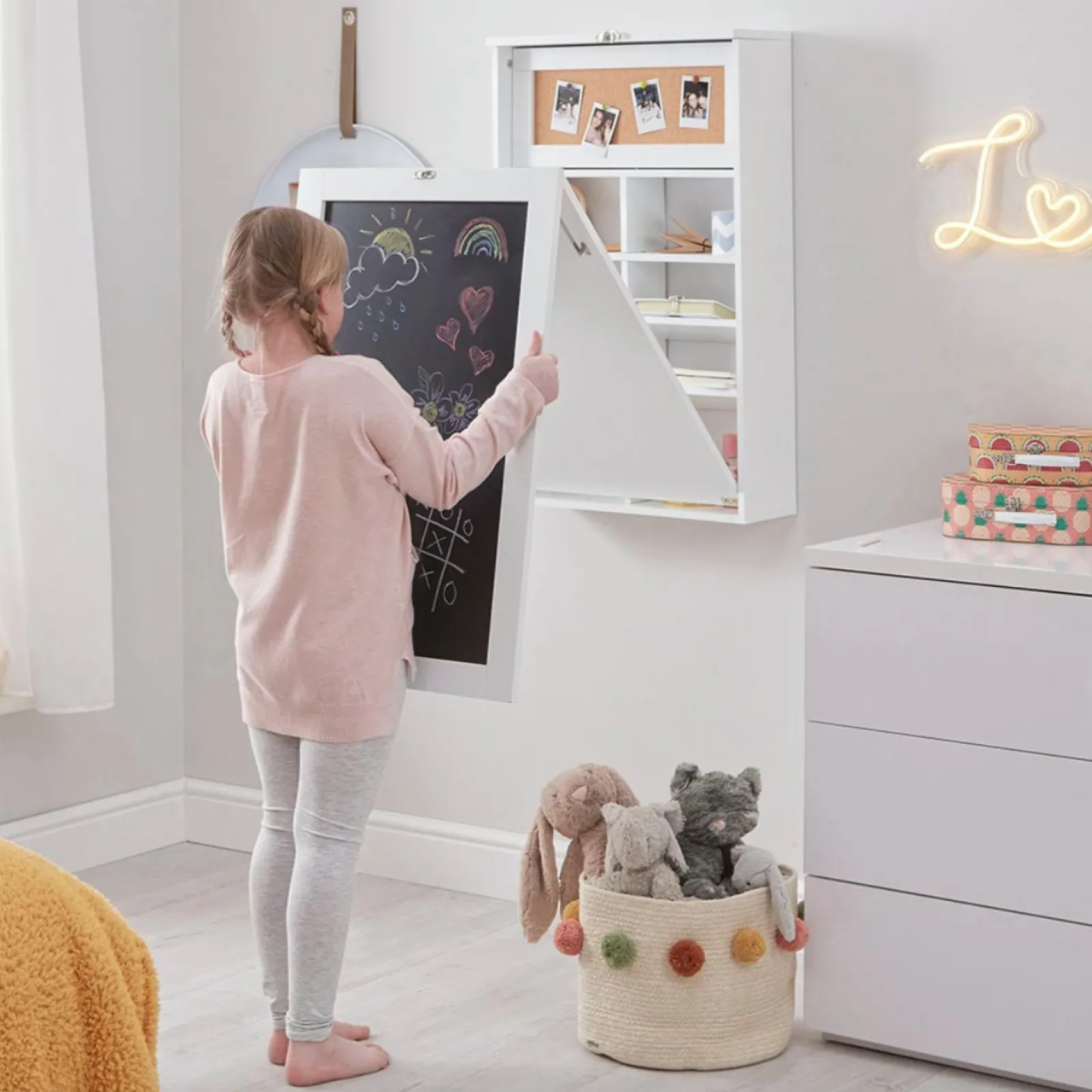 Kinder Little Helper Platzsparender Montessori-Schreibtisch zur Wandmontage | Schwebender Schreibtisch | Tafel | Aufbewahrung | Weiß oder Grau | 5–12 Jahre