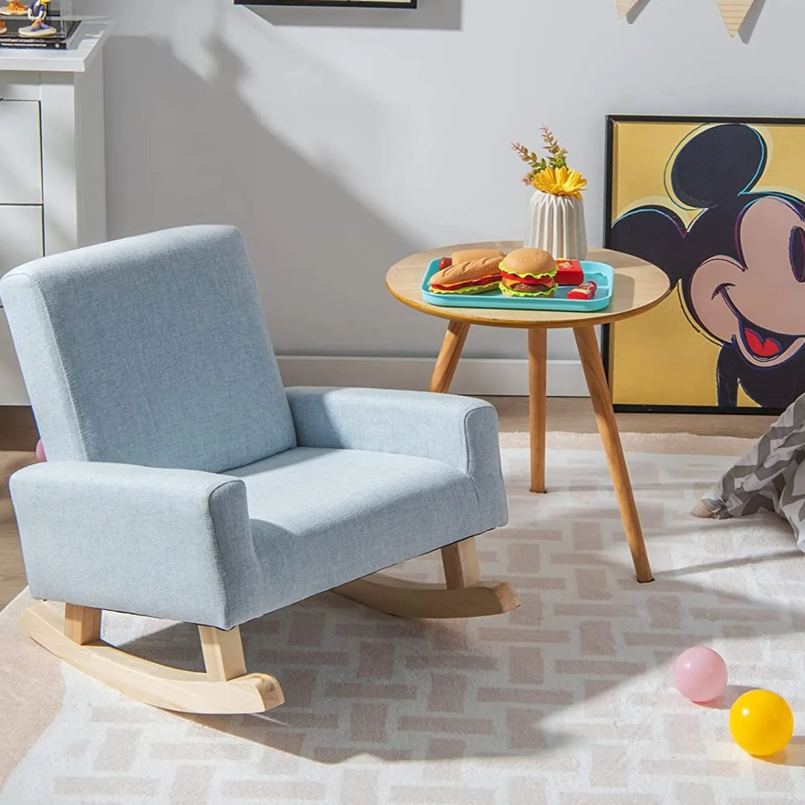 Kinder Little Helper Rahmen aus Ökoholz | Sessel mit Kippschutz und Wirbelsäulenstütze | Schaukelstuhl | Leinenblau | 3-6 Jahre