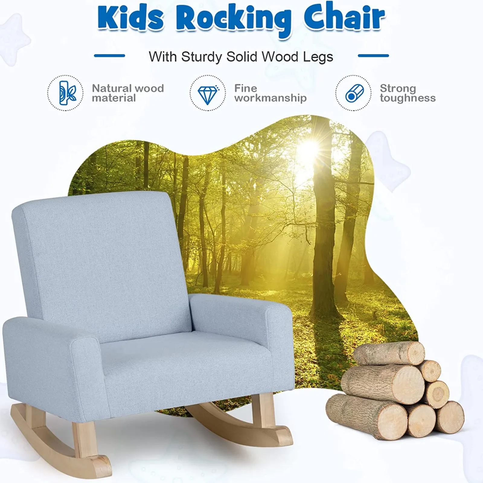 Kinder Little Helper Rahmen aus Ökoholz | Sessel mit Kippschutz und Wirbelsäulenstütze | Schaukelstuhl | Leinenblau | 3-6 Jahre