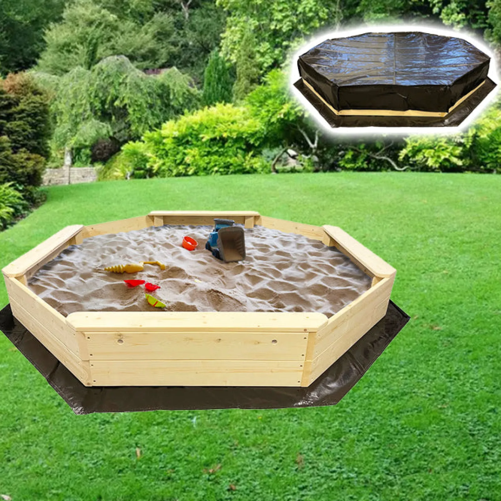 Little Helper Riesiger Öko-FSC-Deluxe-Sandkasten aus Holz mit wasserdichter Abdeckung | 1,77 m Durchmesser | 18 m+