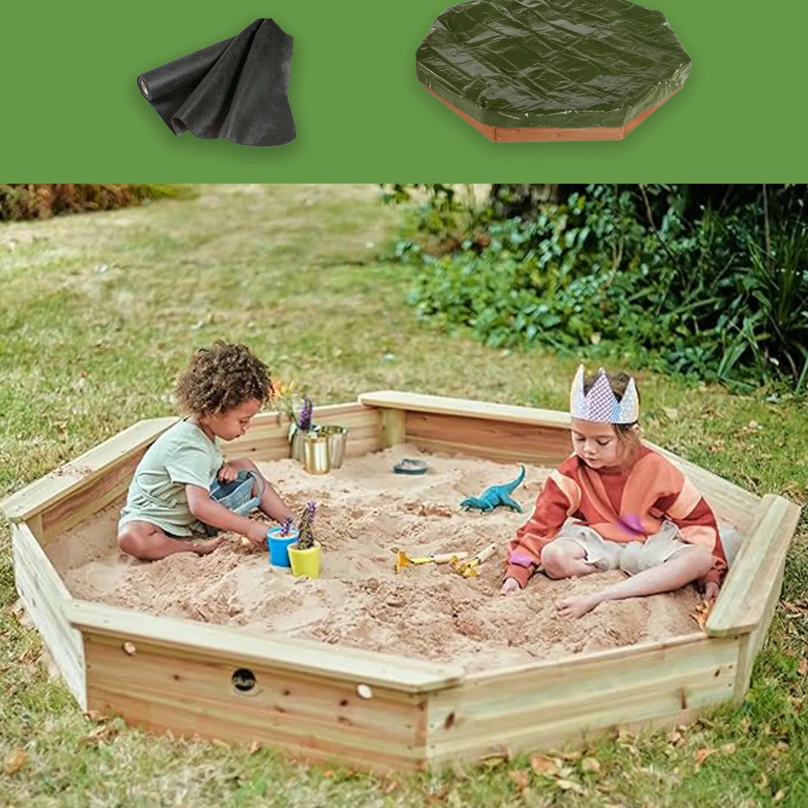 Little Helper Riesiger Octaganol Eco FSC-Sandkasten aus Holz mit wasserdichter Abdeckung | 1,5 m Durchmesser | 18 m+