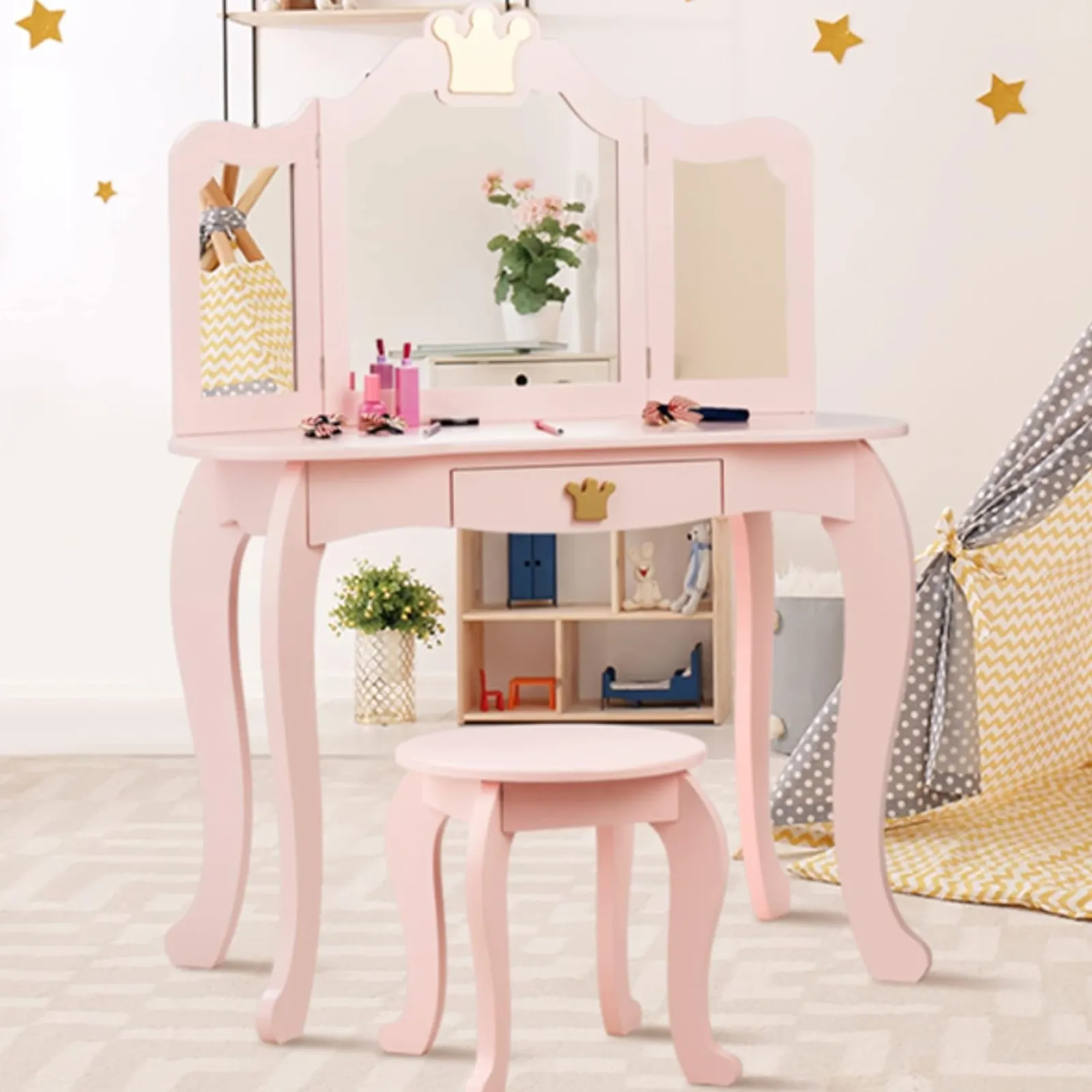 Kinder Little Helper Rosa Schminktisch mit dreifach klappbarem, abnehmbarem Spiegel und Hocker | Waschtischunterschrank mit Schublade | 3-6 Jahre