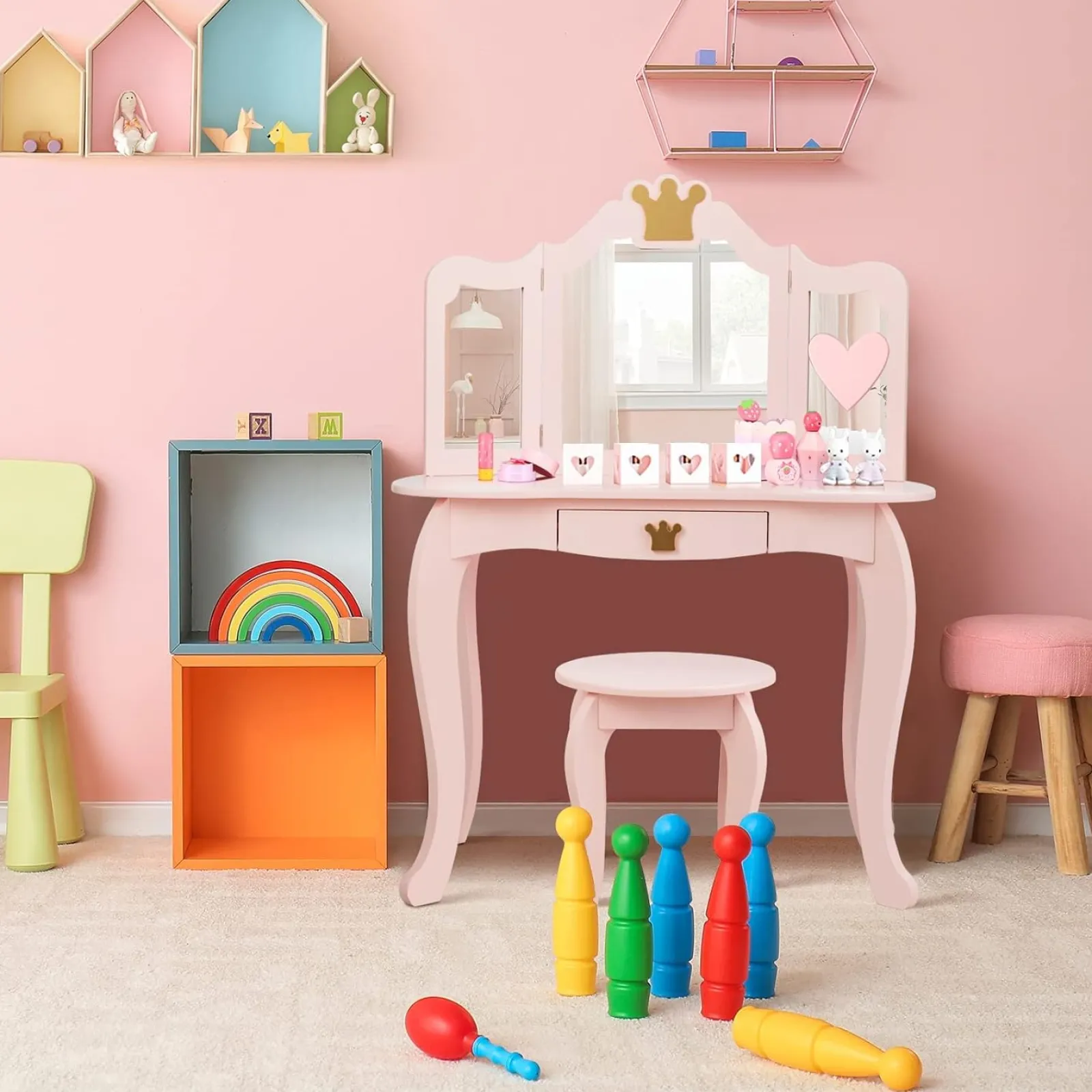 Kinder Little Helper Rosa Schminktisch mit dreifach klappbarem, abnehmbarem Spiegel und Hocker | Waschtischunterschrank mit Schublade | 3-6 Jahre