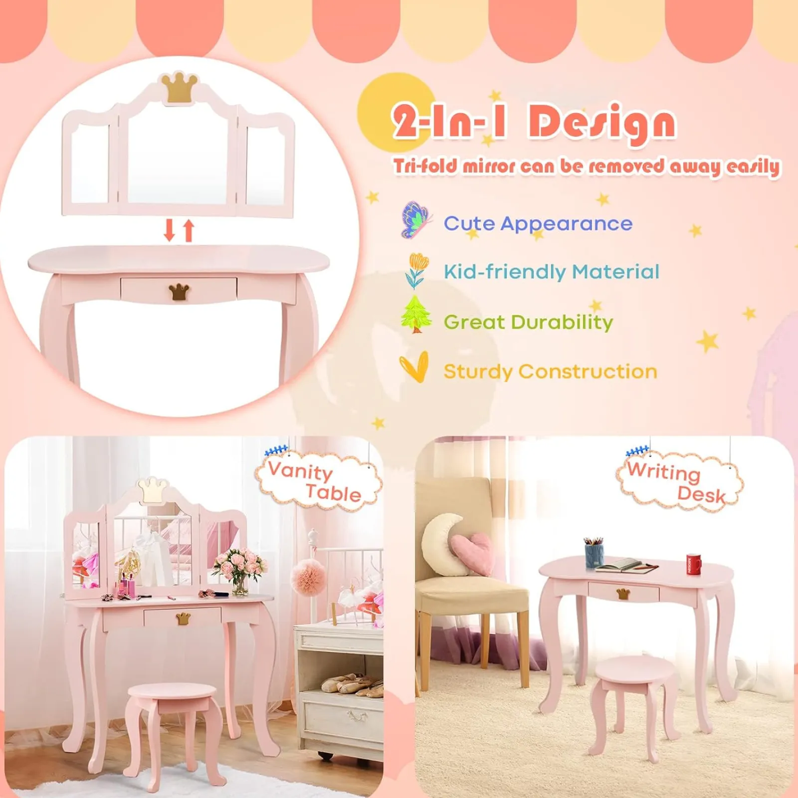Kinder Little Helper Rosa Schminktisch mit dreifach klappbarem, abnehmbarem Spiegel und Hocker | Waschtischunterschrank mit Schublade | 3-6 Jahre