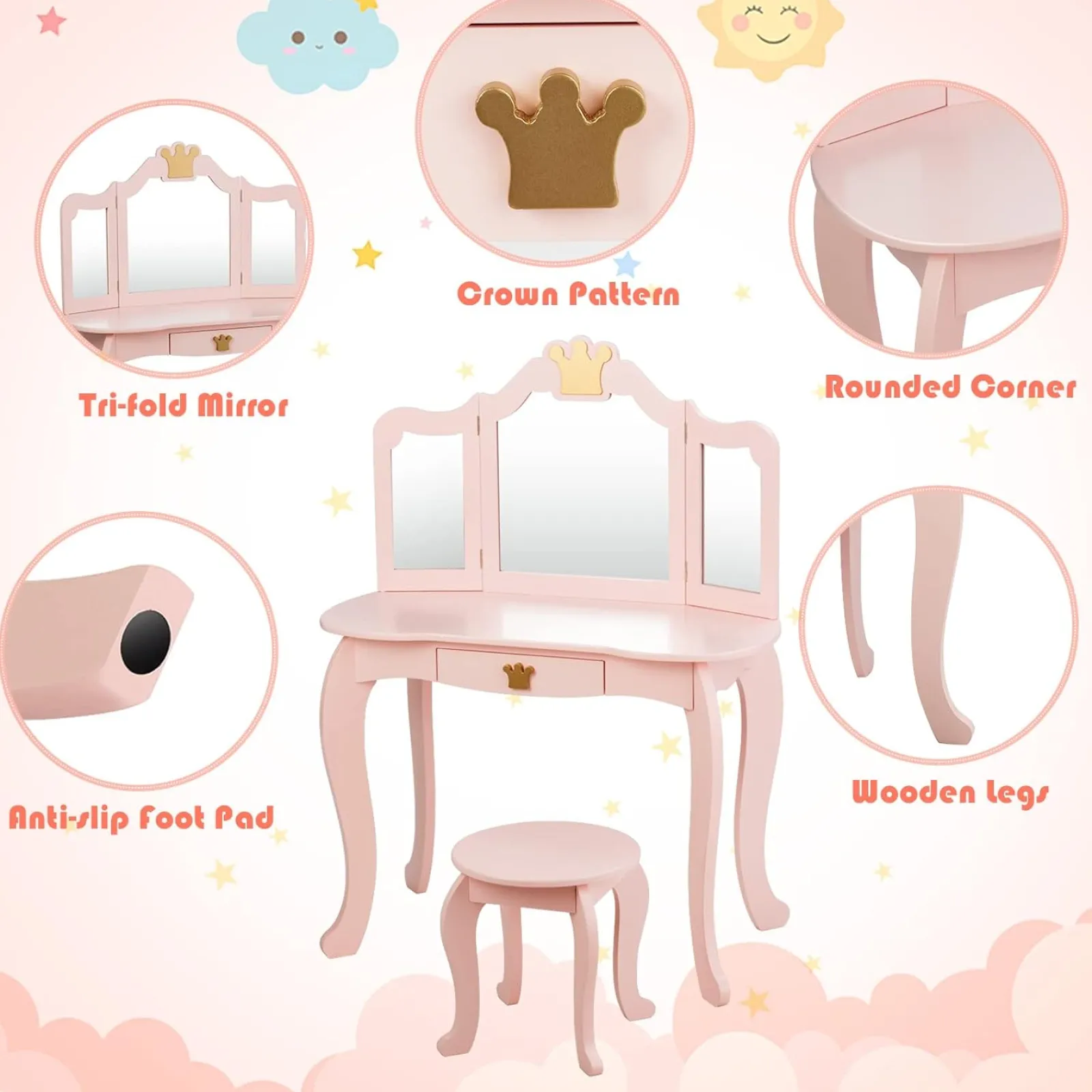 Kinder Little Helper Rosa Schminktisch mit dreifach klappbarem, abnehmbarem Spiegel und Hocker | Waschtischunterschrank mit Schublade | 3-6 Jahre