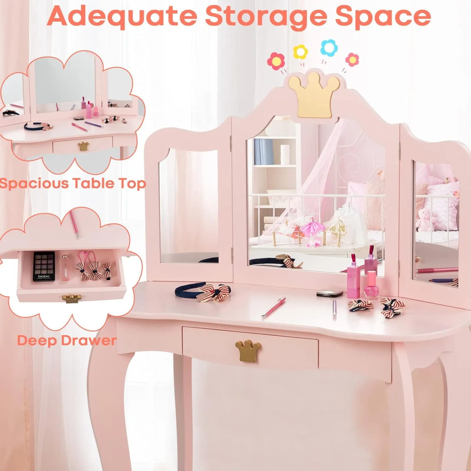 Kinder Little Helper Rosa Schminktisch mit dreifach klappbarem, abnehmbarem Spiegel und Hocker | Waschtischunterschrank mit Schublade | 3-6 Jahre