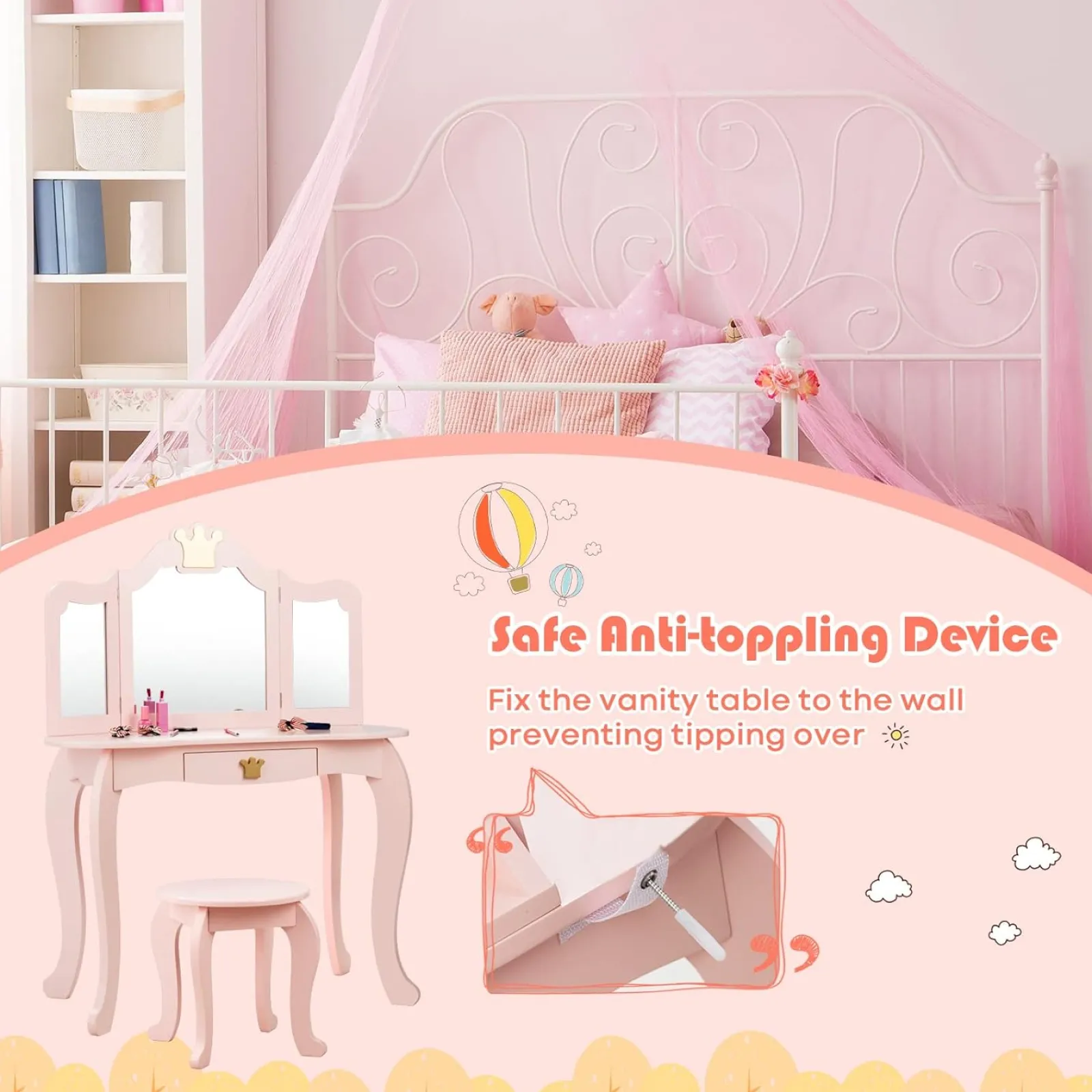 Kinder Little Helper Rosa Schminktisch mit dreifach klappbarem, abnehmbarem Spiegel und Hocker | Waschtischunterschrank mit Schublade | 3-6 Jahre