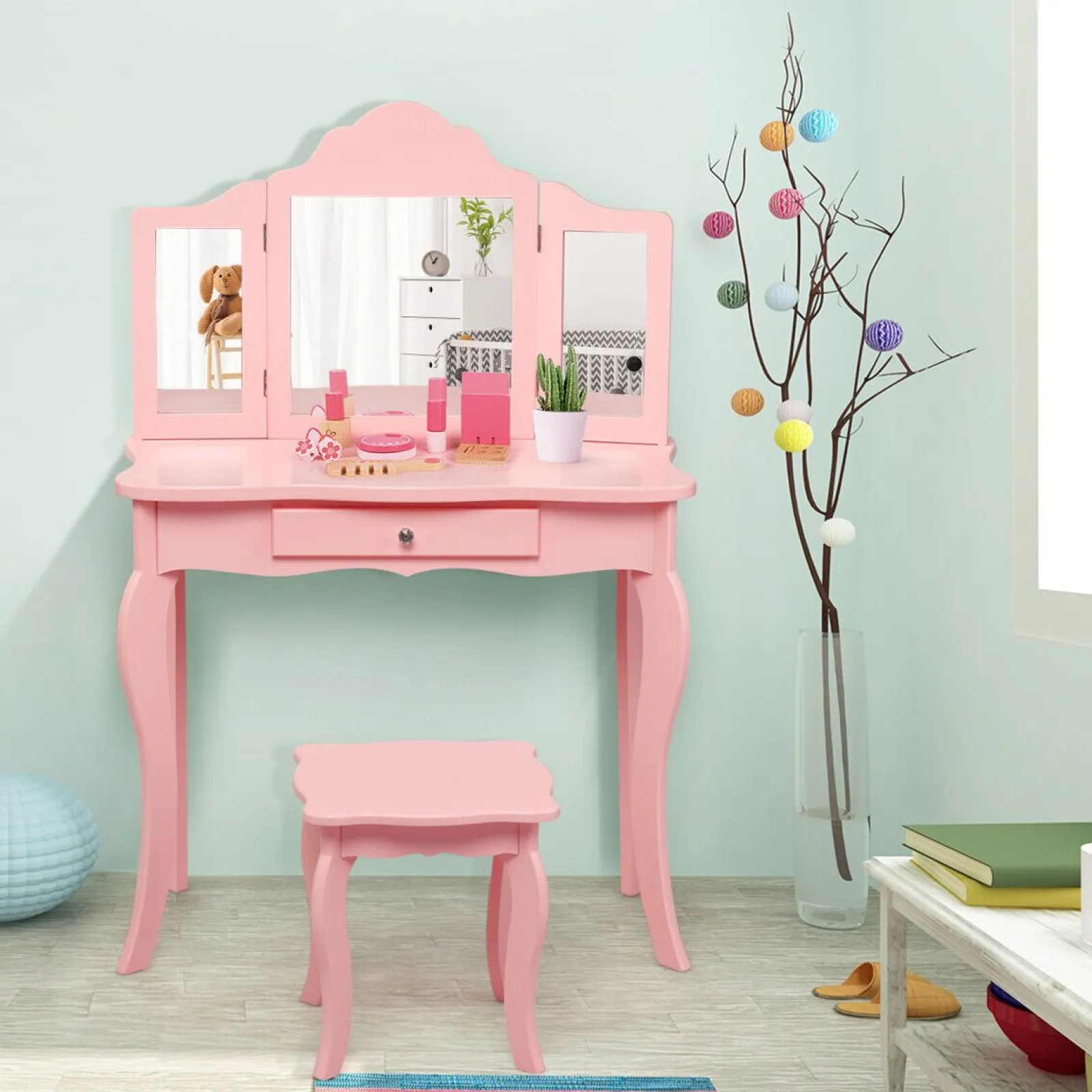 Kinder Little Helper Rosafarbener Waschtisch mit dreifach klappbaren Spiegeln | Kinder-Schminktisch | Rosa oder Weiß | 6 - 13 Jahre