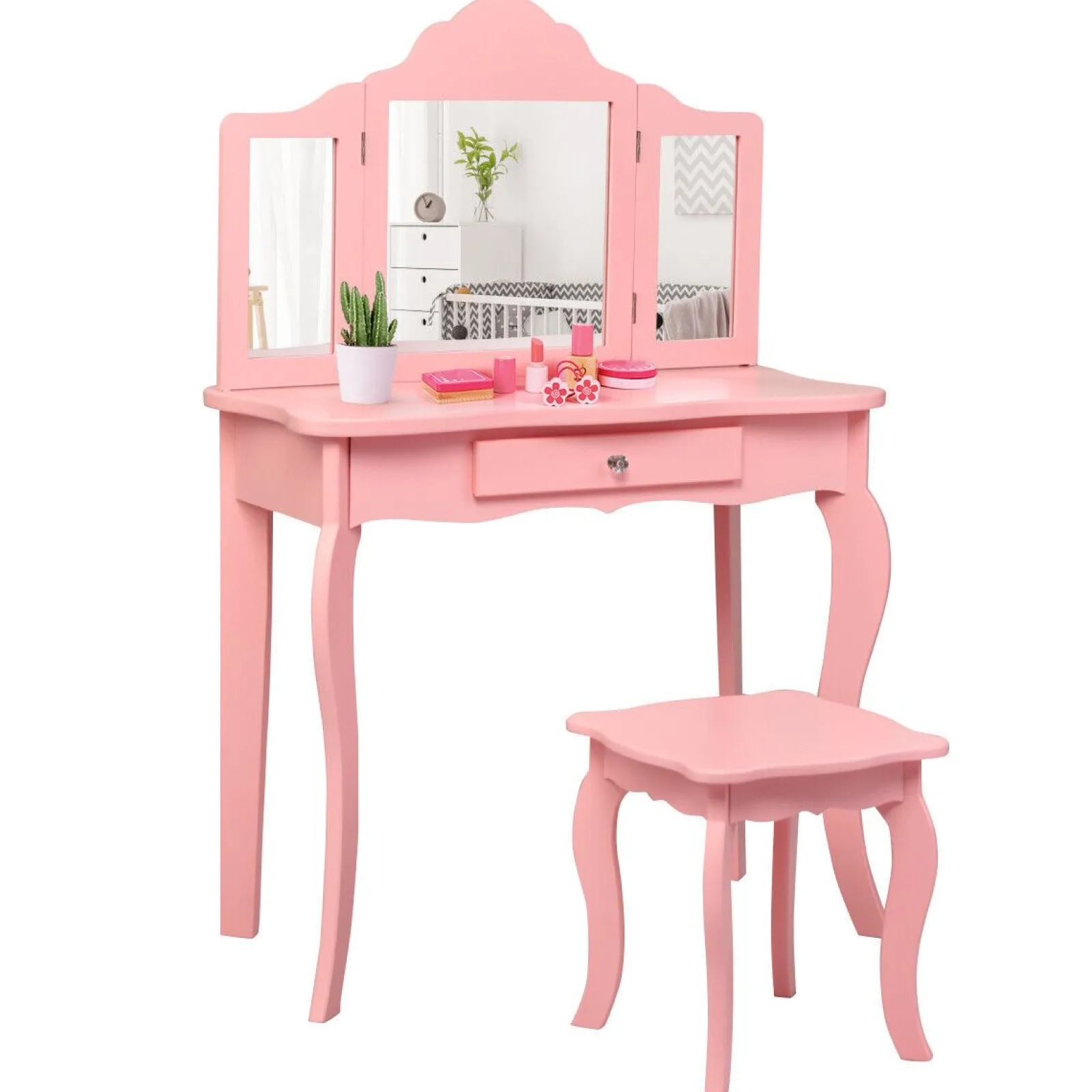 Kinder Little Helper Rosafarbener Waschtisch mit dreifach klappbaren Spiegeln | Kinder-Schminktisch | Rosa oder Weiß | 6 - 13 Jahre
