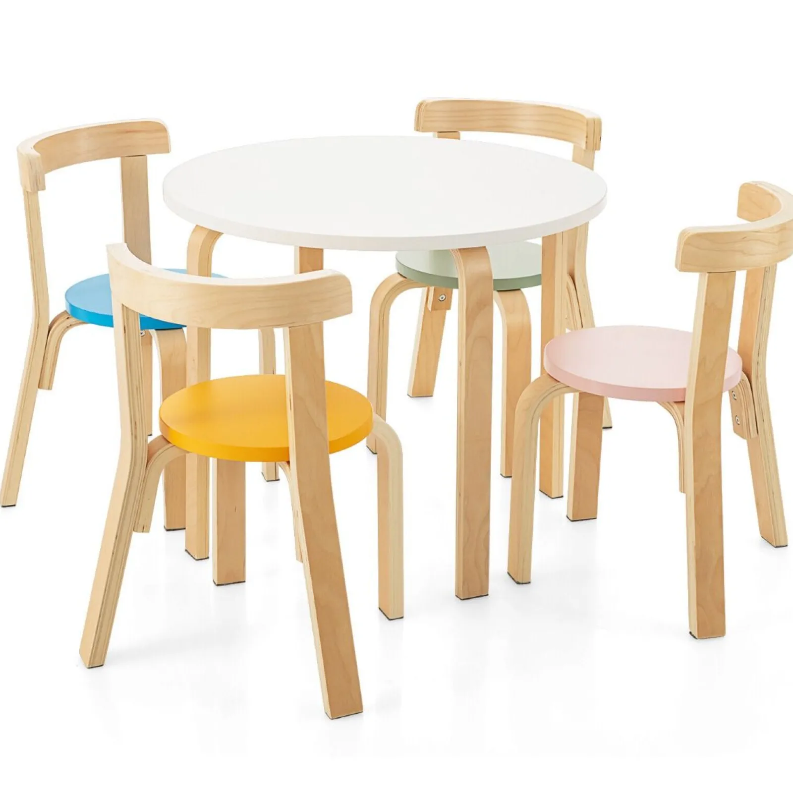 Kinder Little Helper Runder Kindertisch aus Öko-Pappel- und Birkenholz und 4 ergonomische Stühle | 4 Farboptionen