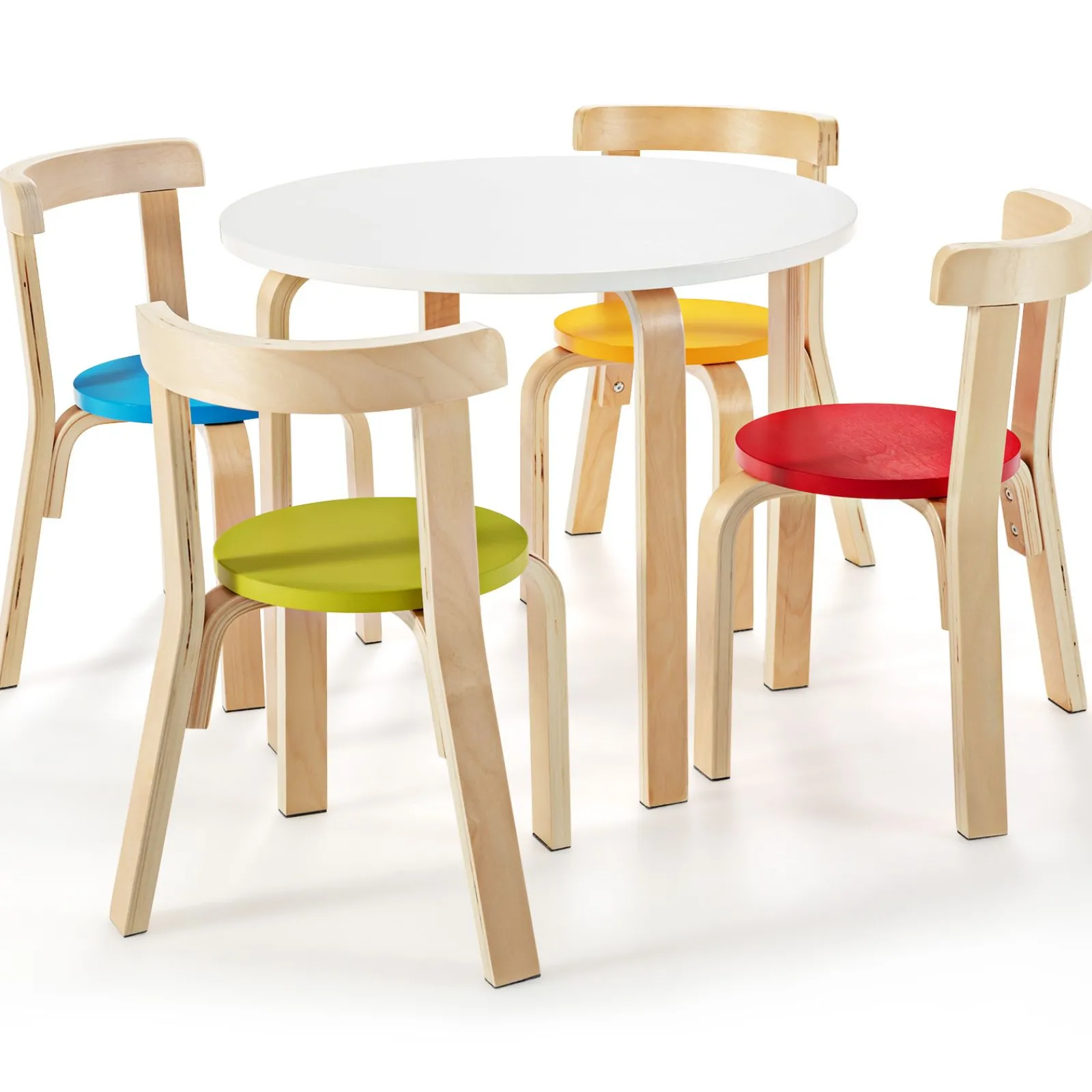 Kinder Little Helper Runder Kindertisch aus Öko-Pappel- und Birkenholz und 4 ergonomische Stühle | 4 Farboptionen