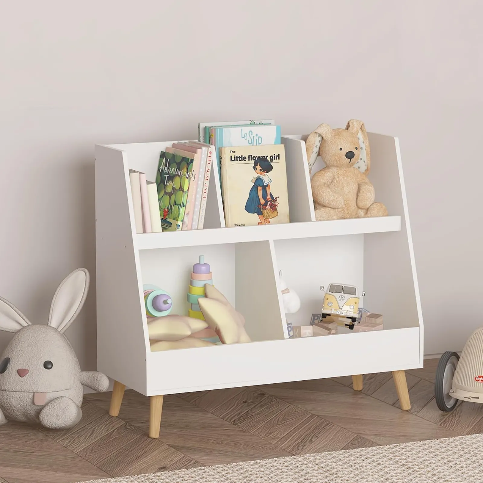 Kinder Little Helper Scandi Montessori Holz-Bücherregal für Kinder und Spielzeugkiste | 72,5 cm hoch x 80 cm breit | Weiß
