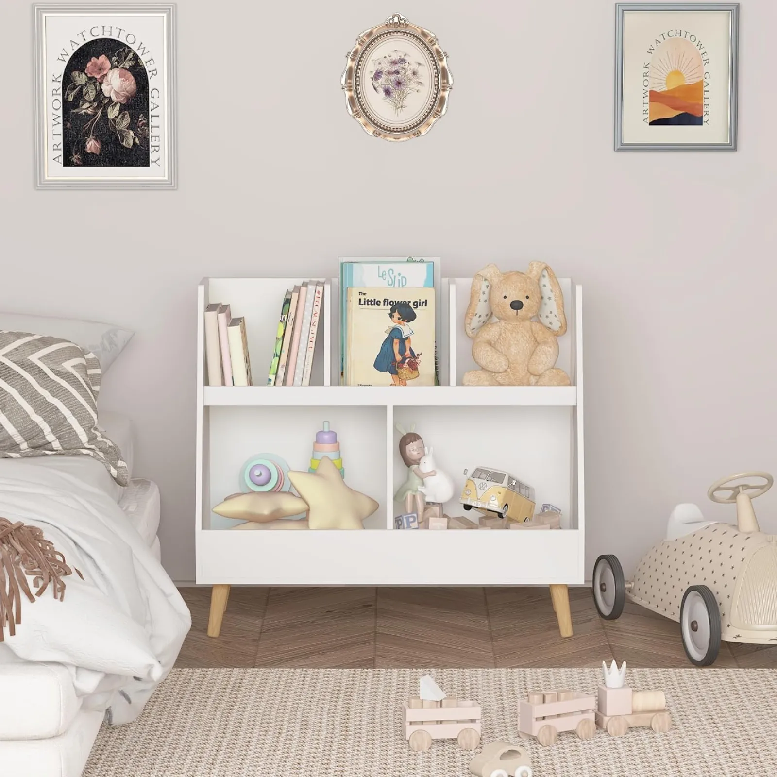 Kinder Little Helper Scandi Montessori Holz-Bücherregal für Kinder und Spielzeugkiste | 72,5 cm hoch x 80 cm breit | Weiß