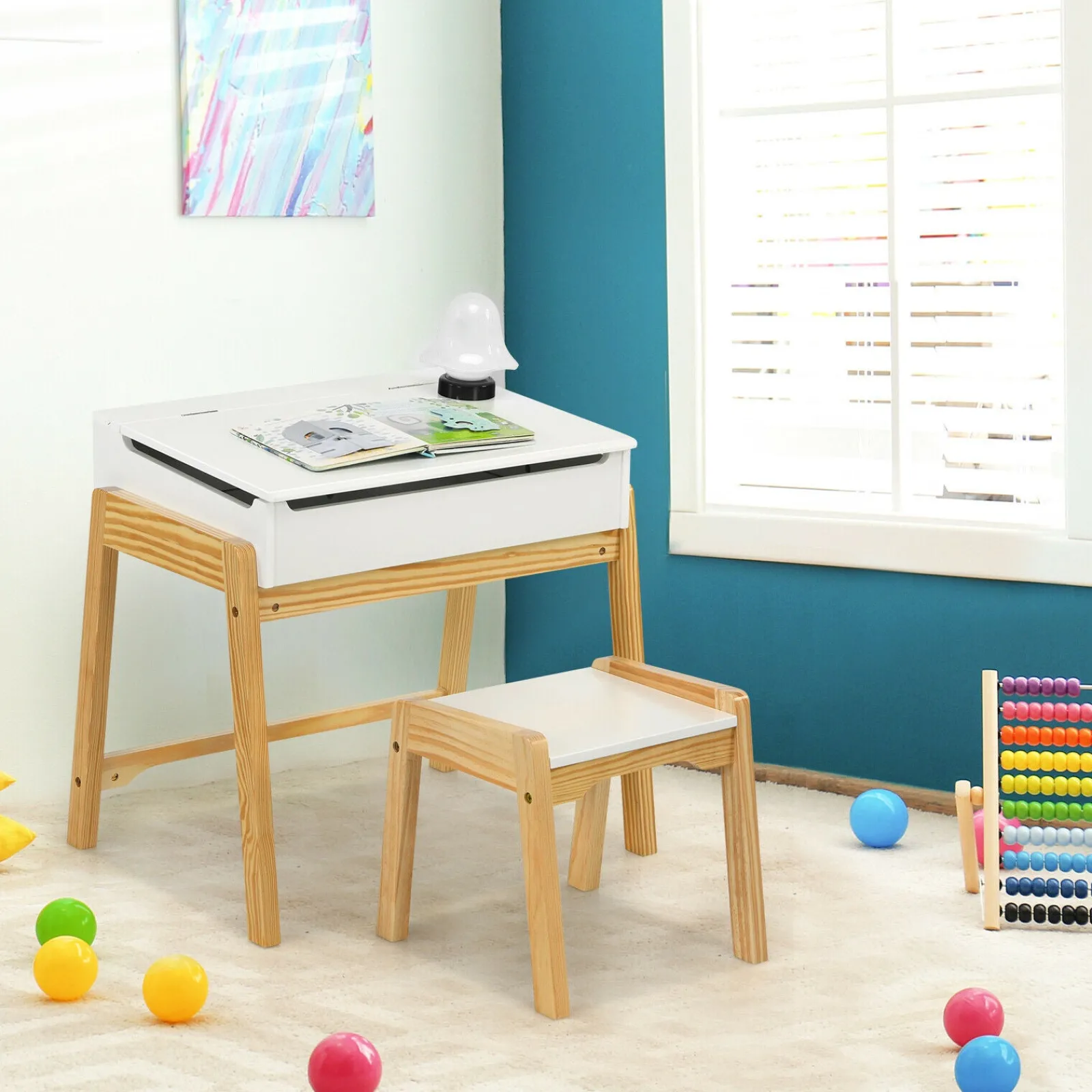 Kinder Little Helper Schreibtisch- und Stuhlset für Kinder | Hausaufgabentisch | Weiß- und Natur-Finish | Ab 3 Jahren